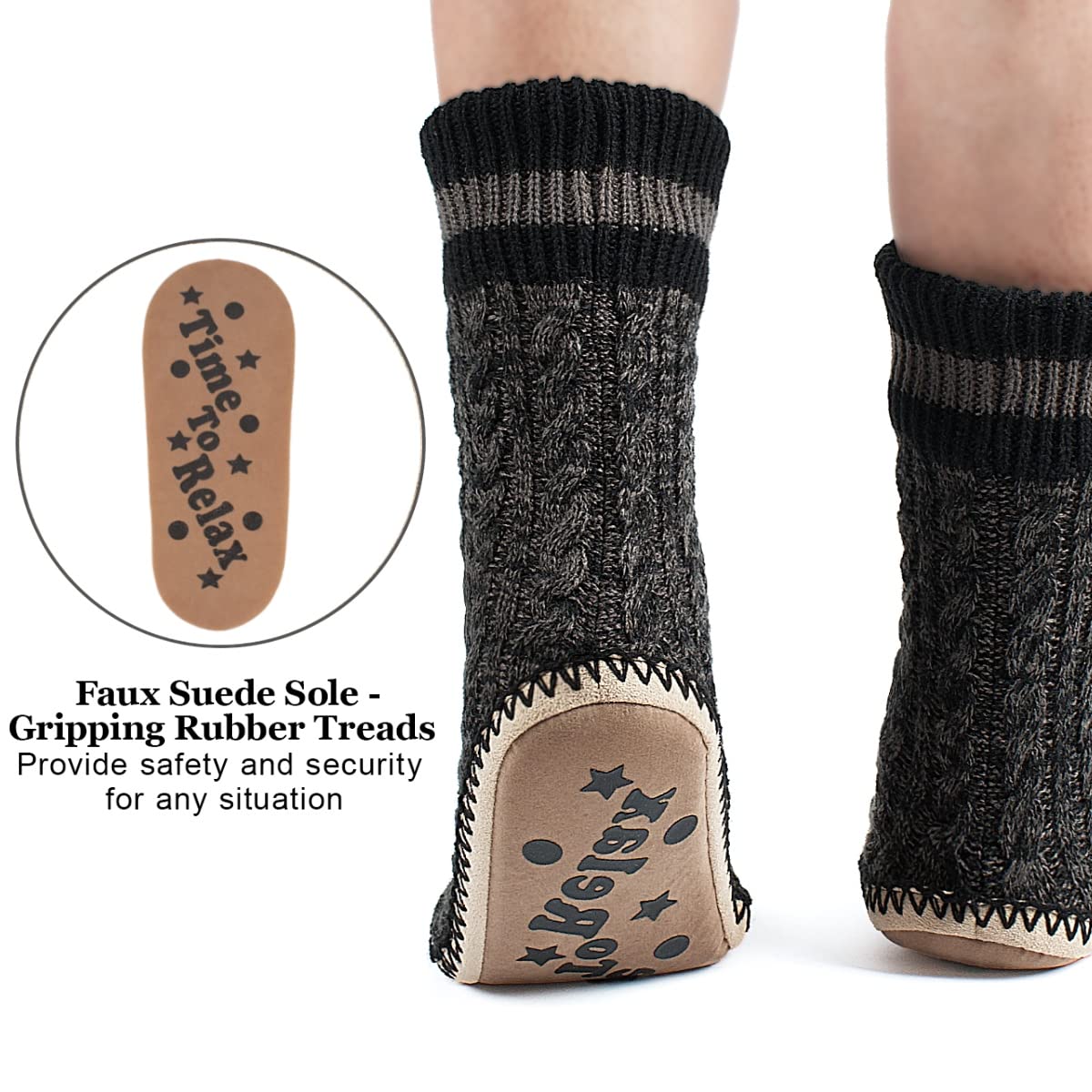 Men's Winter Cable Knit Non-Slip Slipper Socks - Cozy Soft Indoor Socks with Fluffy Sherpa Lining for Warmth & Comfort - Perfect for Home, Lounge & Cold Weather Wear