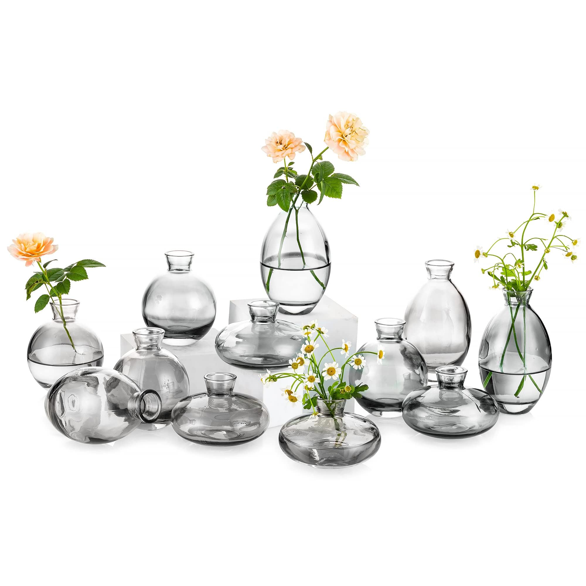 12Pcs Glass Bud Vases for Wedding Centerpieces - Modern Gray Mini Flower Vases Bulk Set, Aesthetic Handmade Short Table Decor for Weddings, Parties & Home Floral Arrangements