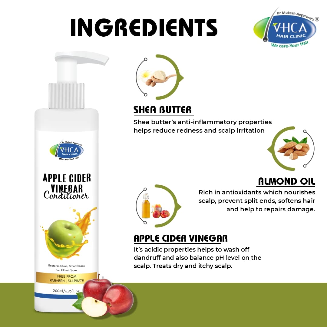 VHCA Apple Cider Vinegar Hair Conditioner for Dry, Oily & Frizzy Hair - 200ml Natural Hair Care for Men & Women - Perfect for Daily Use & Salon Quality Results at Home