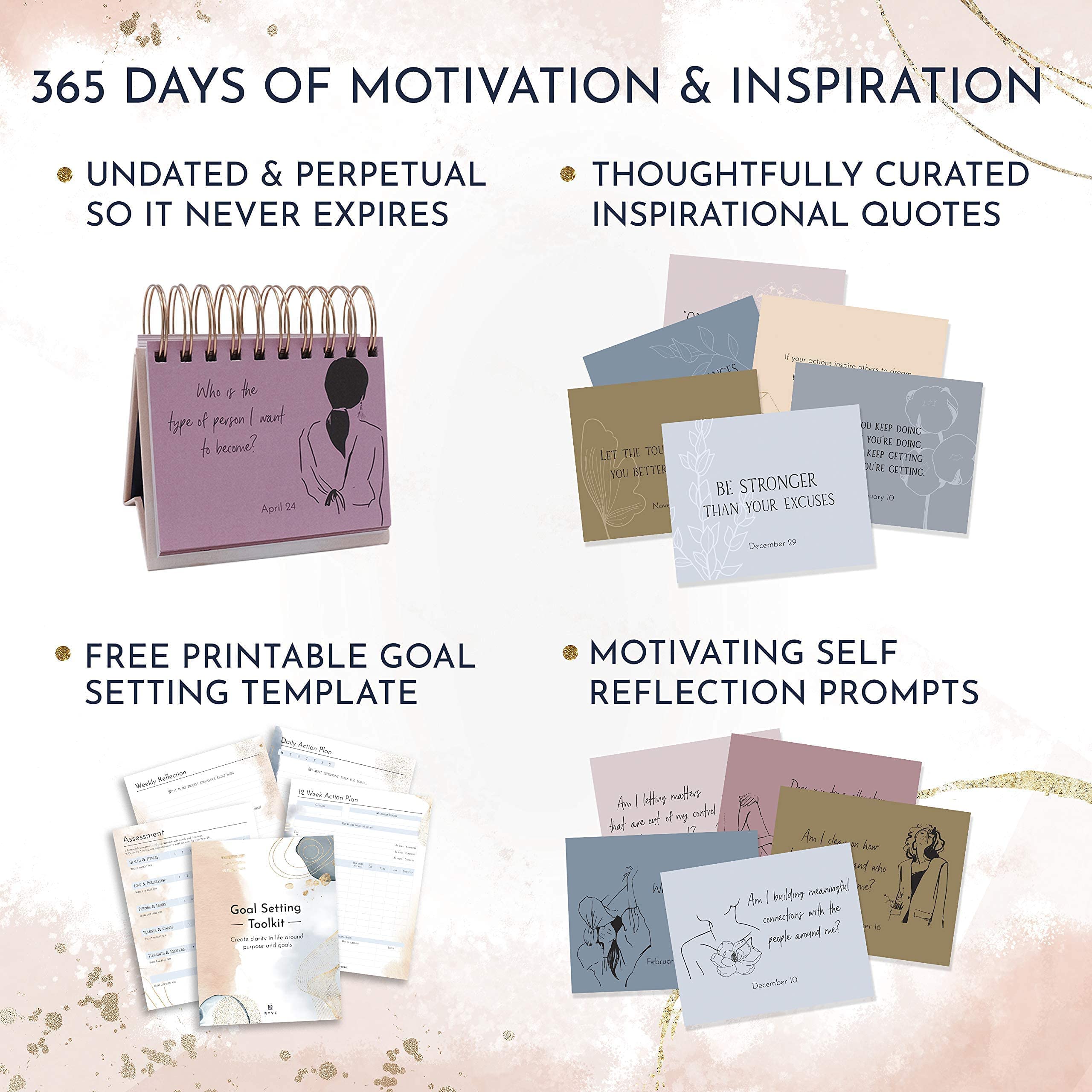 RYVE Motivational Calendar & Empowering Question Cards for Women - Inspirational Desk Decor with Daily Quotes | Office & Home Decor | Self Care Gift for Women, Bosses, Coworkers | Perfect for Work Motivation & Personal Growth