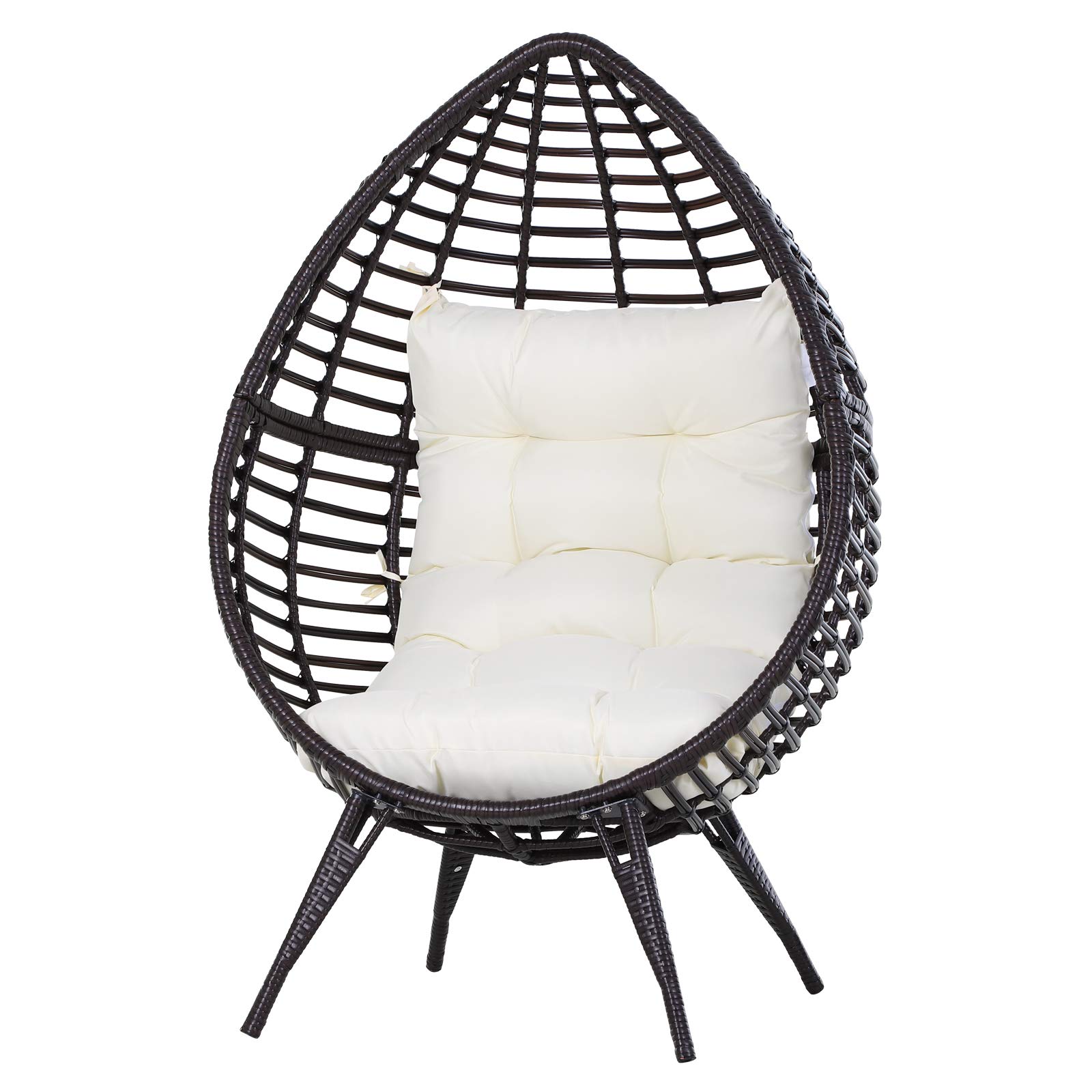 Outsunny Beige Wicker Egg Chair with Soft Cushion - Adjustable Height Teardrop Patio Chair for Indoor & Outdoor Use, PE Rattan Furniture for Porch, Garden, or Balcony Relaxation