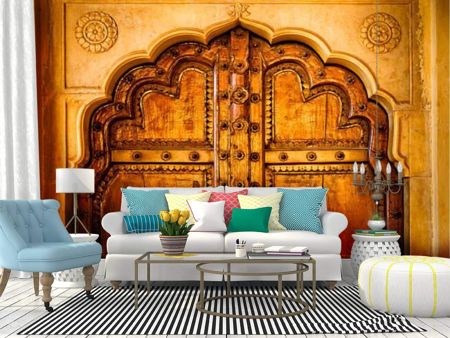 Ornate Indian Door Peel and Stick Wallpaper - Self-Adhesive Vinyl Wall Mural for Home Decor | Large Removable Wall Sticker for Living Room, Bedroom & Office