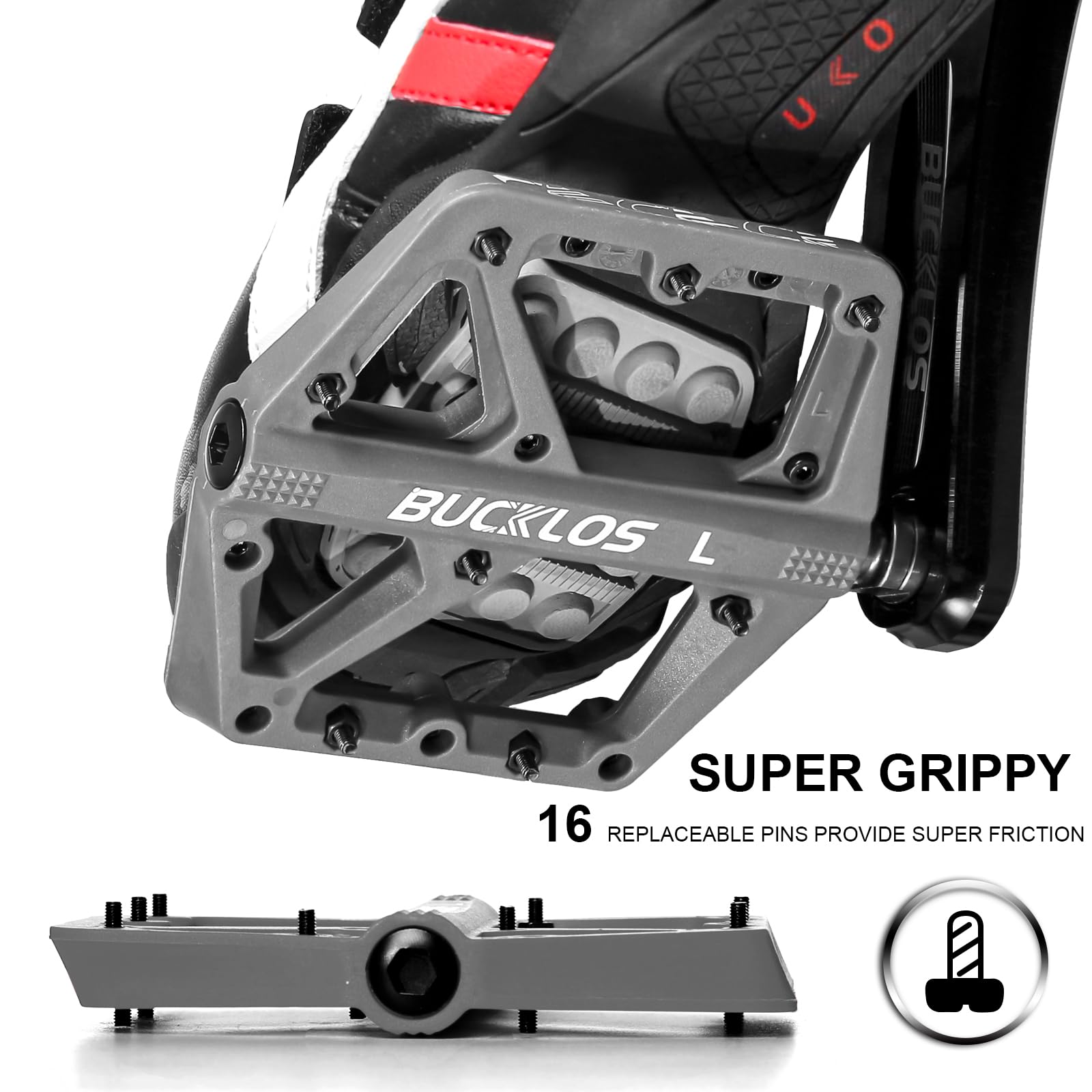 BUCKLOS MTB Pedals - Non-Slip Large Platform Mountain Bike Pedals for Adults, 9/16