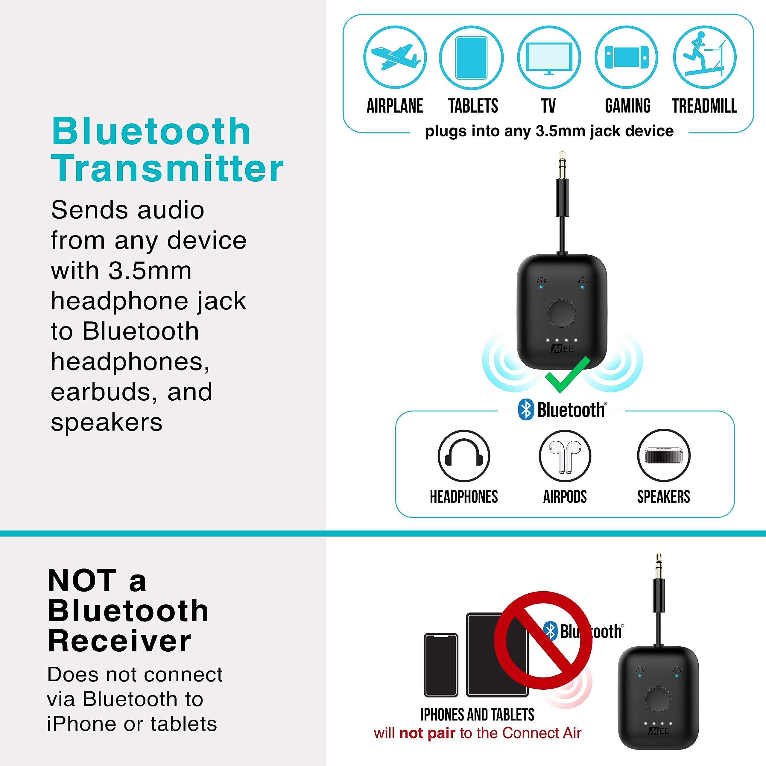 MEE Audio Connect Air (2 Pack) - Wireless Bluetooth Audio Transmitter for Airplanes, TVs & Gaming - Dual Pairing for 2 AirPods/Headphones - Compatible with All 3.5mm AUX Jacks - Perfect for Travel, Home Entertainment & Workouts (Black & White)
