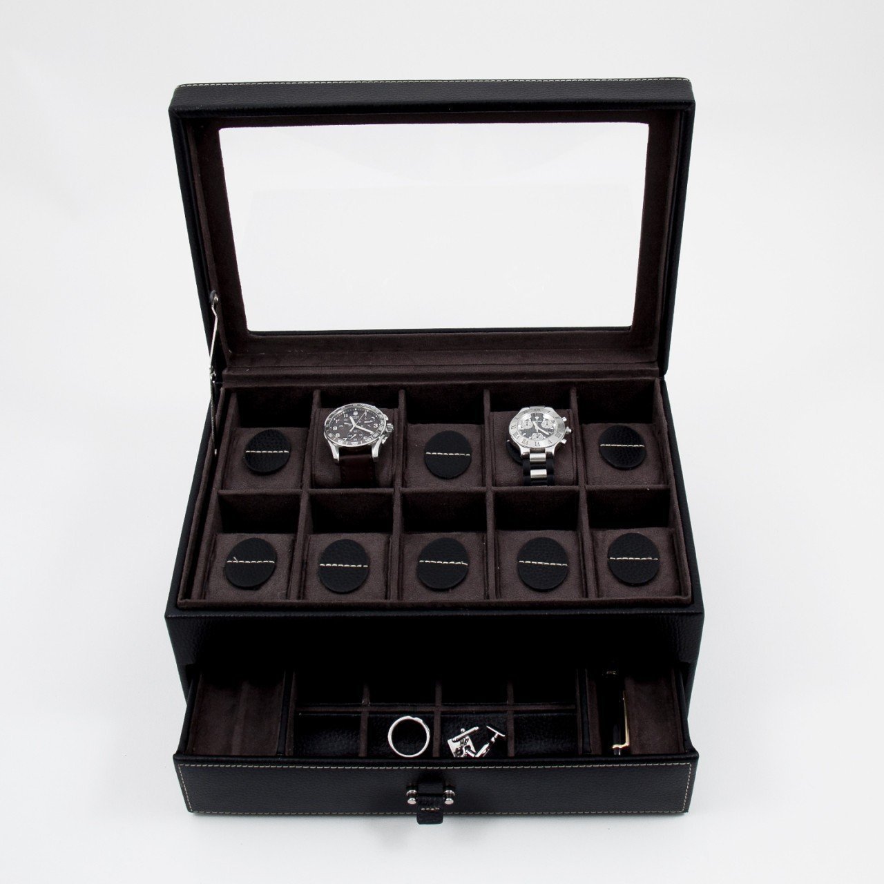 Premium Black Leather Watch Case with Glass Top - 10 Watch Storage Organizer with Drawer for Cufflinks & Pens | Perfect for Watch Collectors, Travel & Luxury Gift Giving