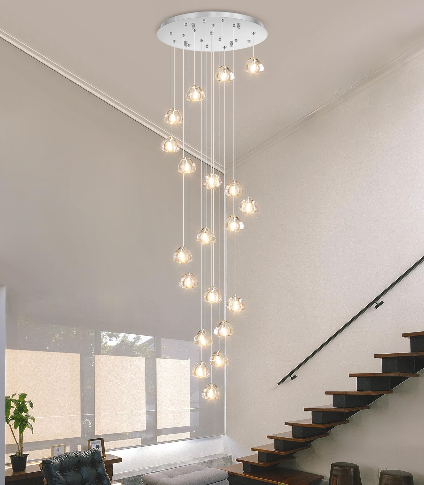 Modern LED Crystal Chandelier - 20 Lights Flush Mount Ceiling Fixture for Sloped or High Ceilings - Luxury Pendant Light for Living Room, Entryway, Foyer, Staircase - Elegant Lighting Solution for Home Decor and Special Occasions