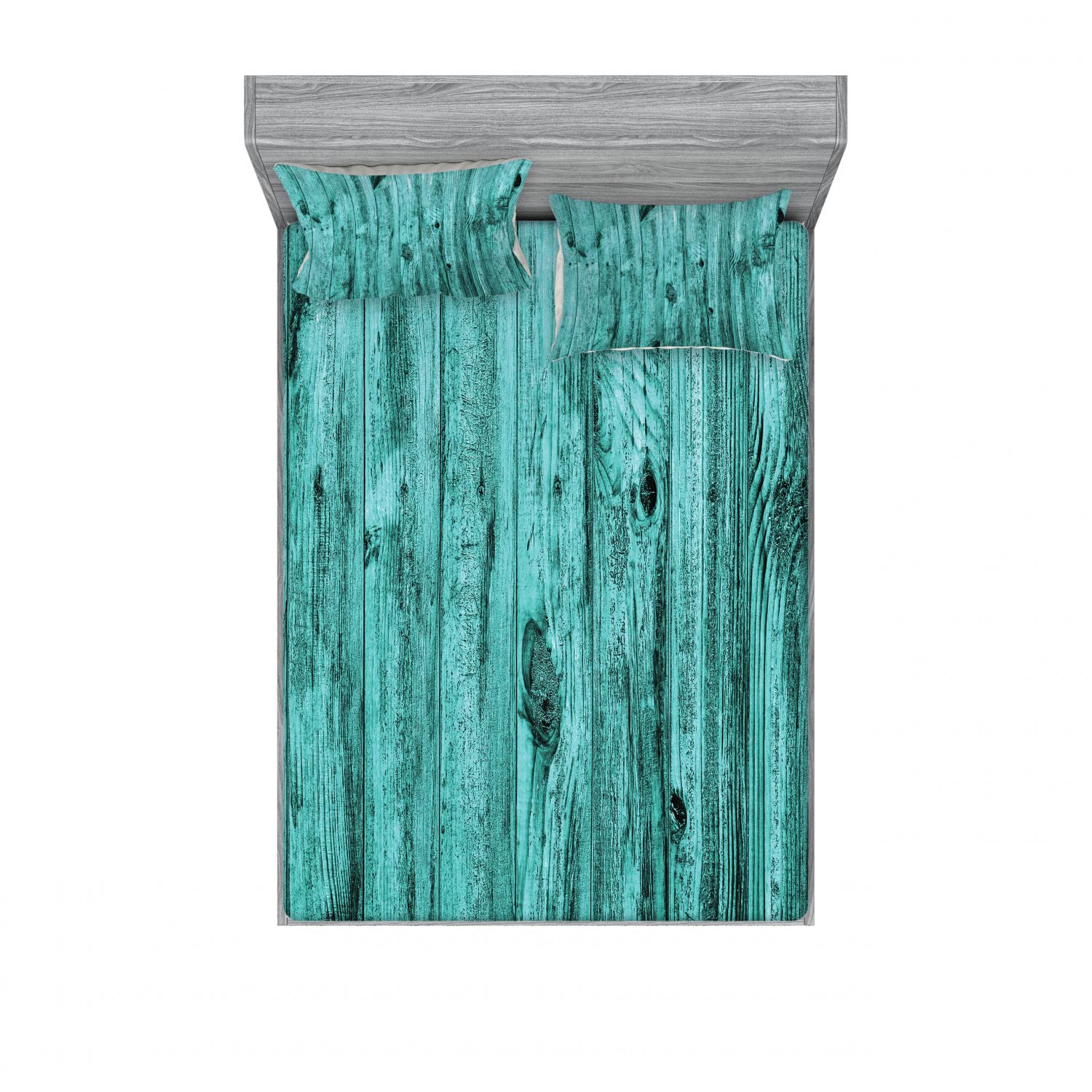 Ambesonne 2-Piece King Size Fitted Sheet Set with 4 Pillow Shams - Antique Timber Design in Emerald Mint Blue - Luxury Bedding Collection for Master Bedroom, Guest Room & Vacation Homes