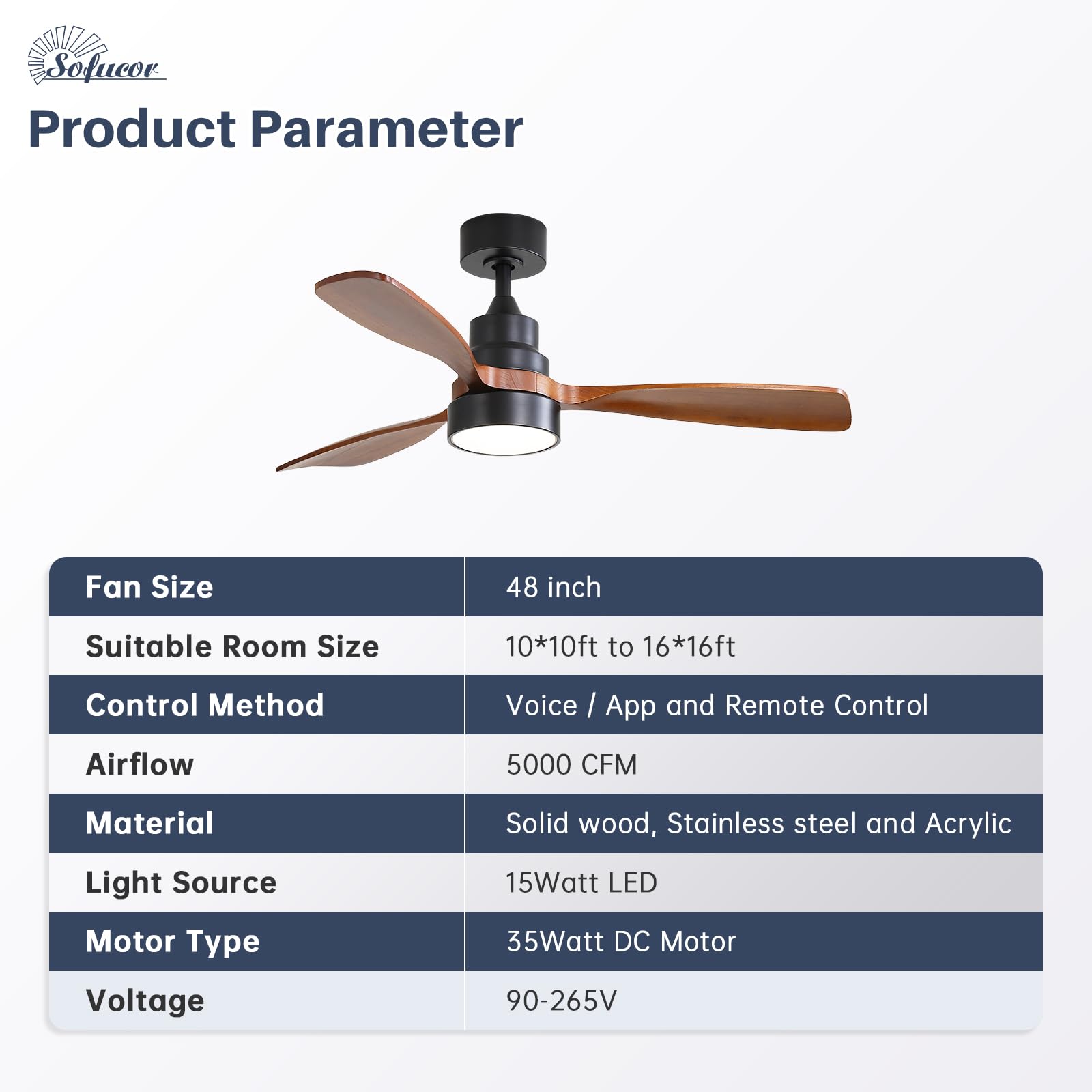48 Inch Smart Ceiling Fan with Lights - Remote & APP Control, Alexa/Google Home Compatible - 3 Blade Brown Black Solid Wood Low Profile Fan for Indoor/Outdoor Use - Perfect for Bedroom, Living Room, Farmhouse, Patio and More