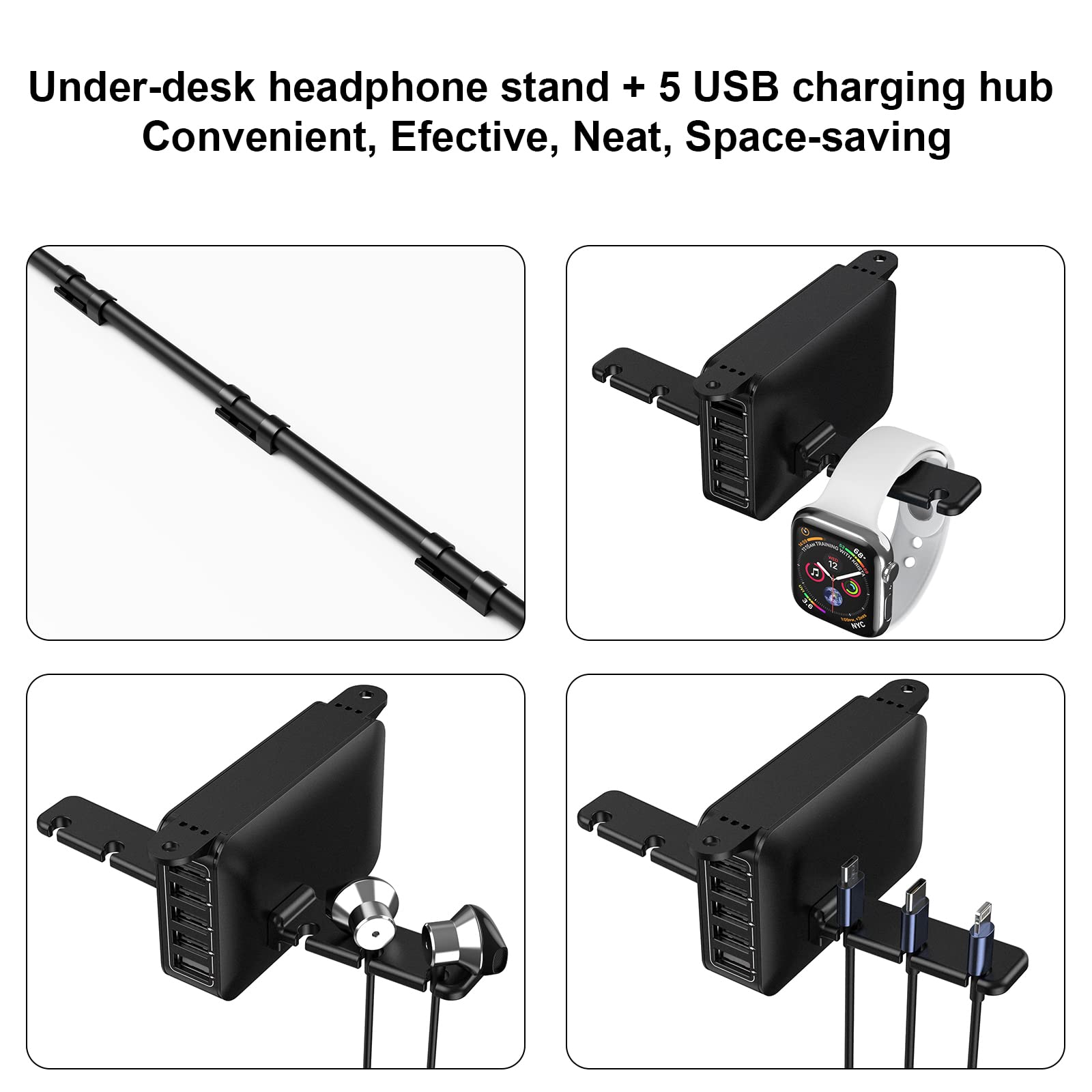 Premium Dual Headphone Stand with USB Charging Station - Under Desk Gaming Headset Holder for PC, PS5, Xbox - 5-Port USB Hub & Headphone Hanger - Perfect Gaming Gift for Men, Boyfriend, Husband - Ideal for Home Office & Gaming Setup