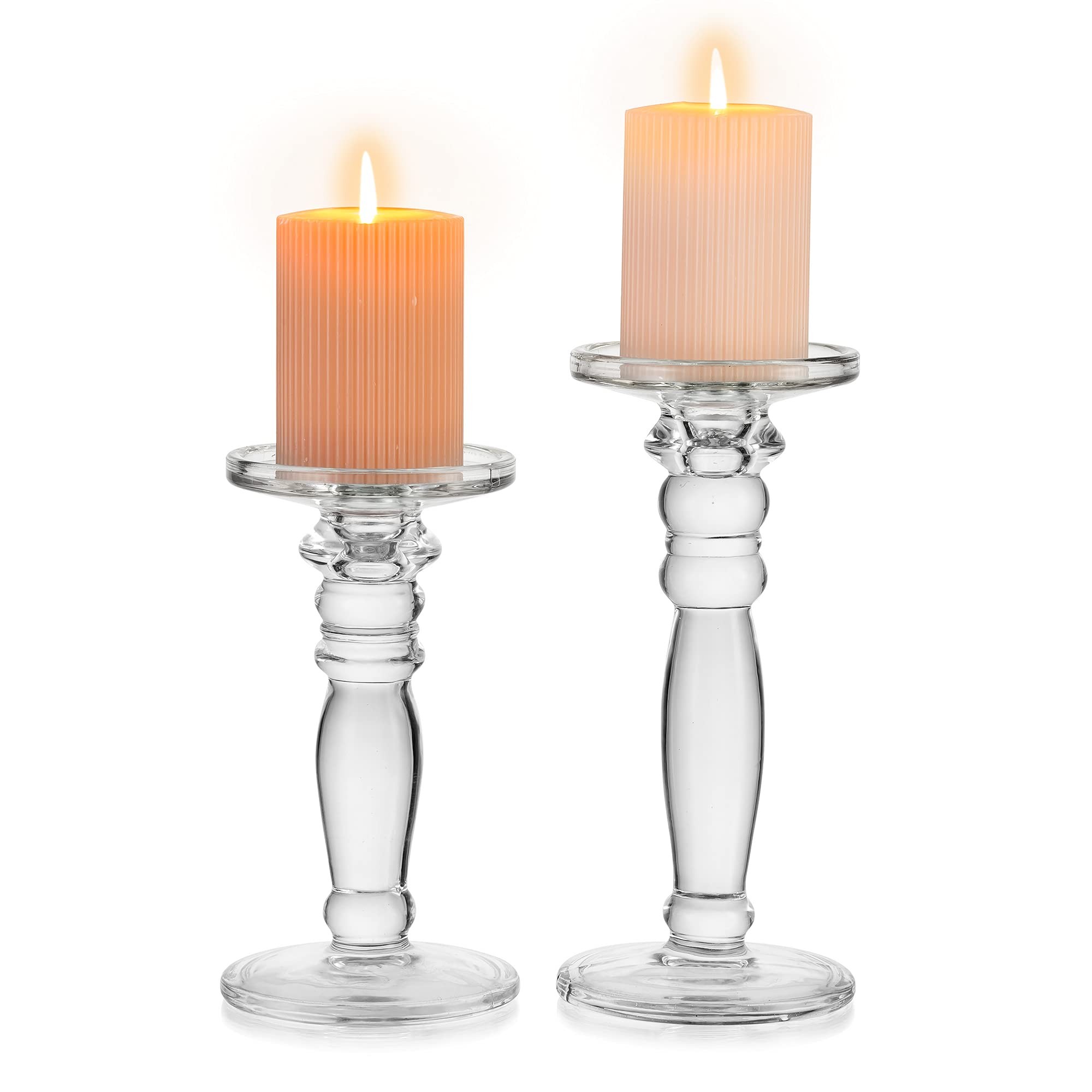 NUPTIO 2-Pack Glass Candlestick Holders - Elegant Crystal Taper Candle Holders for Wedding Centerpieces, Dining Table Decor, Living Room & Holiday (Christmas/Halloween) - Perfect for Romantic Dinners, Party Decorations & Seasonal Home Decor