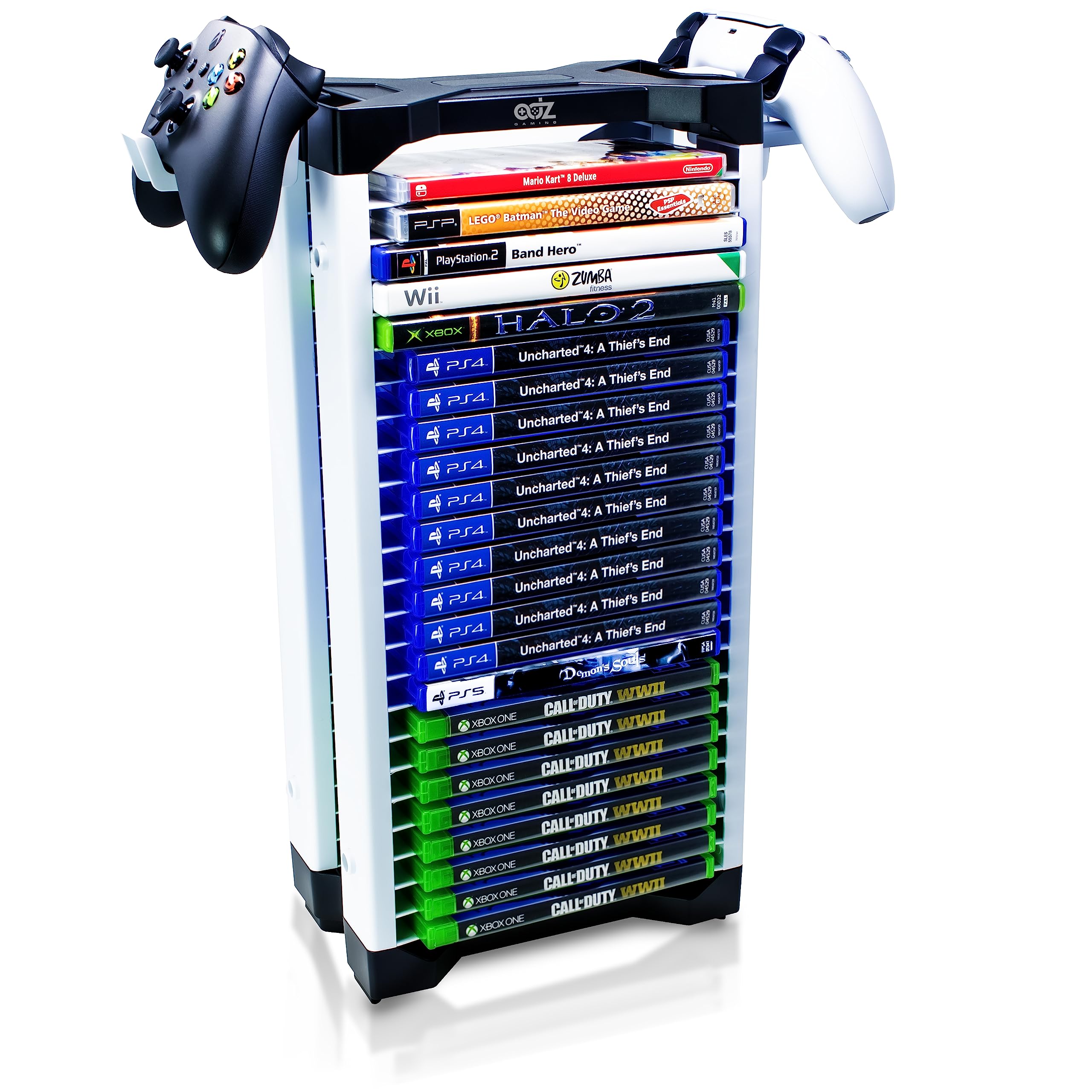 Universal Game Holder & Storage Tower - 23 Game Rack for PS2, PS3, PS4, PS5, PSP, Xbox 360, Xbox One, Series X, Wii & Switch Games | DVD & Blu-Ray Disc Organizer with 2 Controller Mounts | Perfect for Gaming Setup & Media Organization