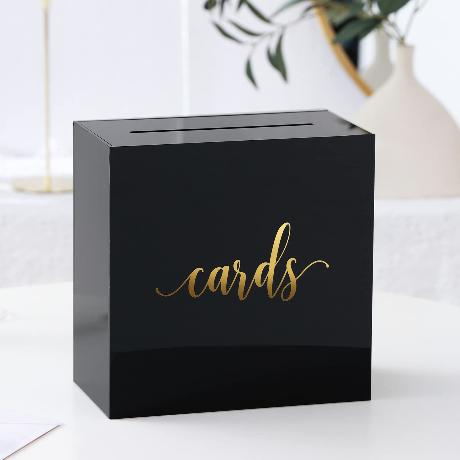 UNIQOOO 10x10x5.5 Inch Black Acrylic Wedding Card Box with Gold Foil Slot - Elegant Money Gift Box for Wedding Receptions, Birthday Parties, Memory Keepsakes & Suggestion Box | Perfect for Bridal Showers, Anniversary Gifts & Event Decor