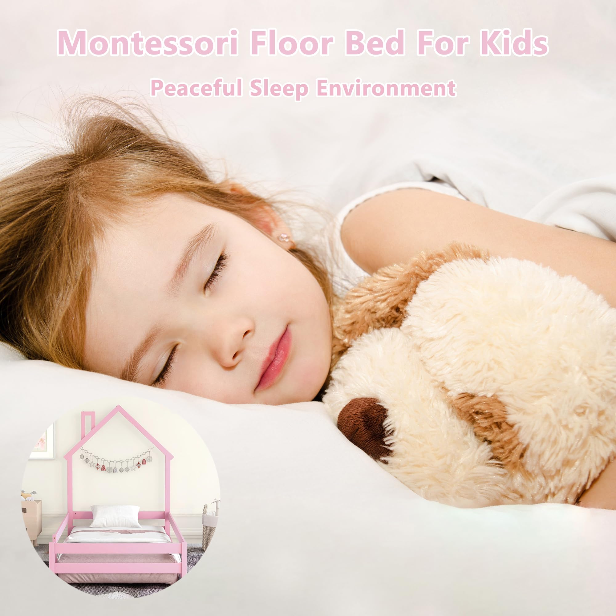 Bellemave Twin Size House-Shaped Headboard Floor Bed with Safety Fences - Wooden Montessori Kids Bed for Girls & Boys - Pink House Bed Frame for Toddler Room, Playroom & Nursery