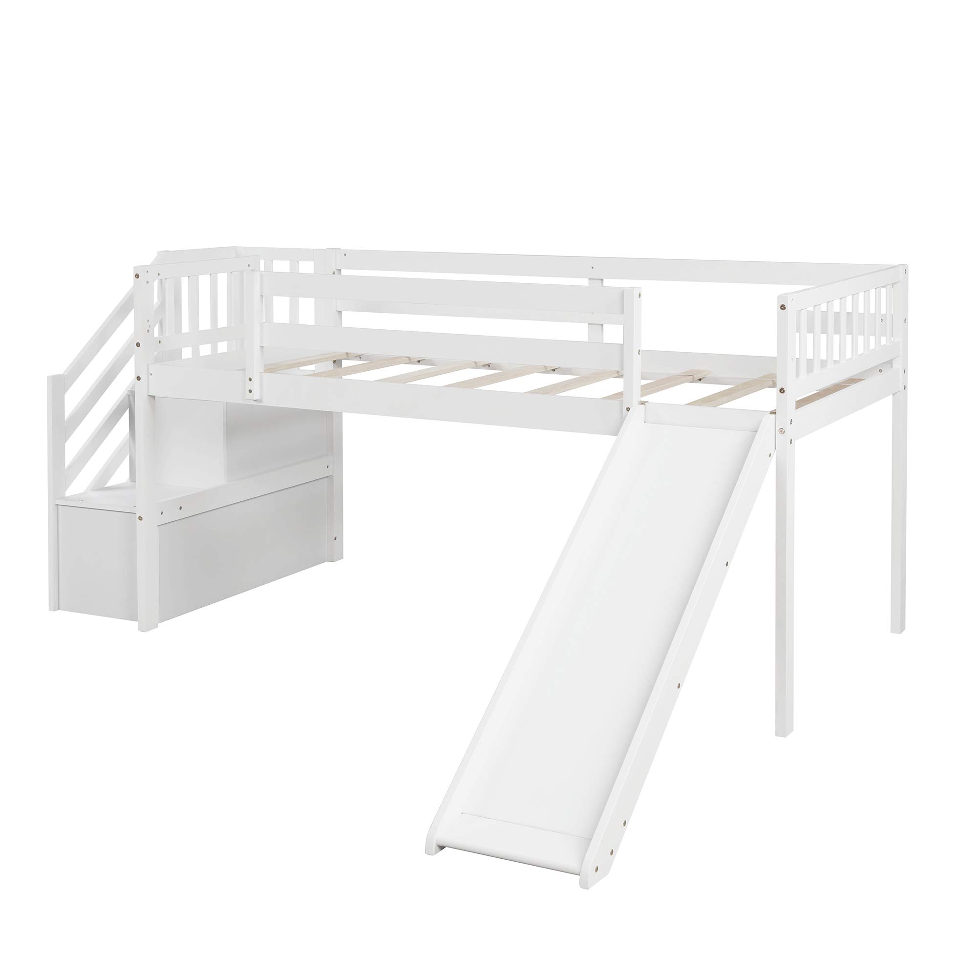 **Twin Size Low Loft Bed with Adjustable Slide & 2-Step Staircase - Wooden Kids Loft Bed for Girls & Boys, No Box Spring Needed (White + Pine) - Perfect for Small Bedrooms, Playrooms & Dorm Rooms**