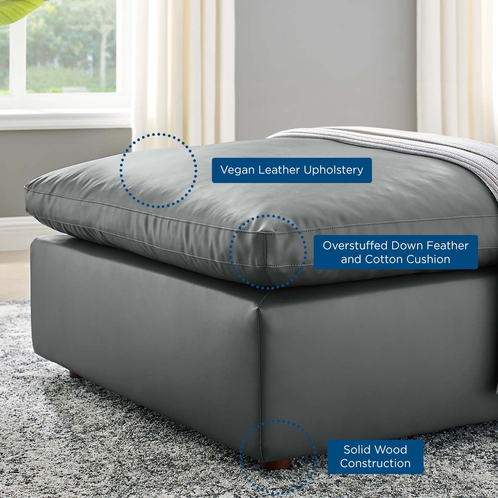 Comfortable Commix Down Filled Ottoman - Overstuffed Vegan Leather Footrest & Storage Bench - Perfect for Living Room, Bedroom or Home Office