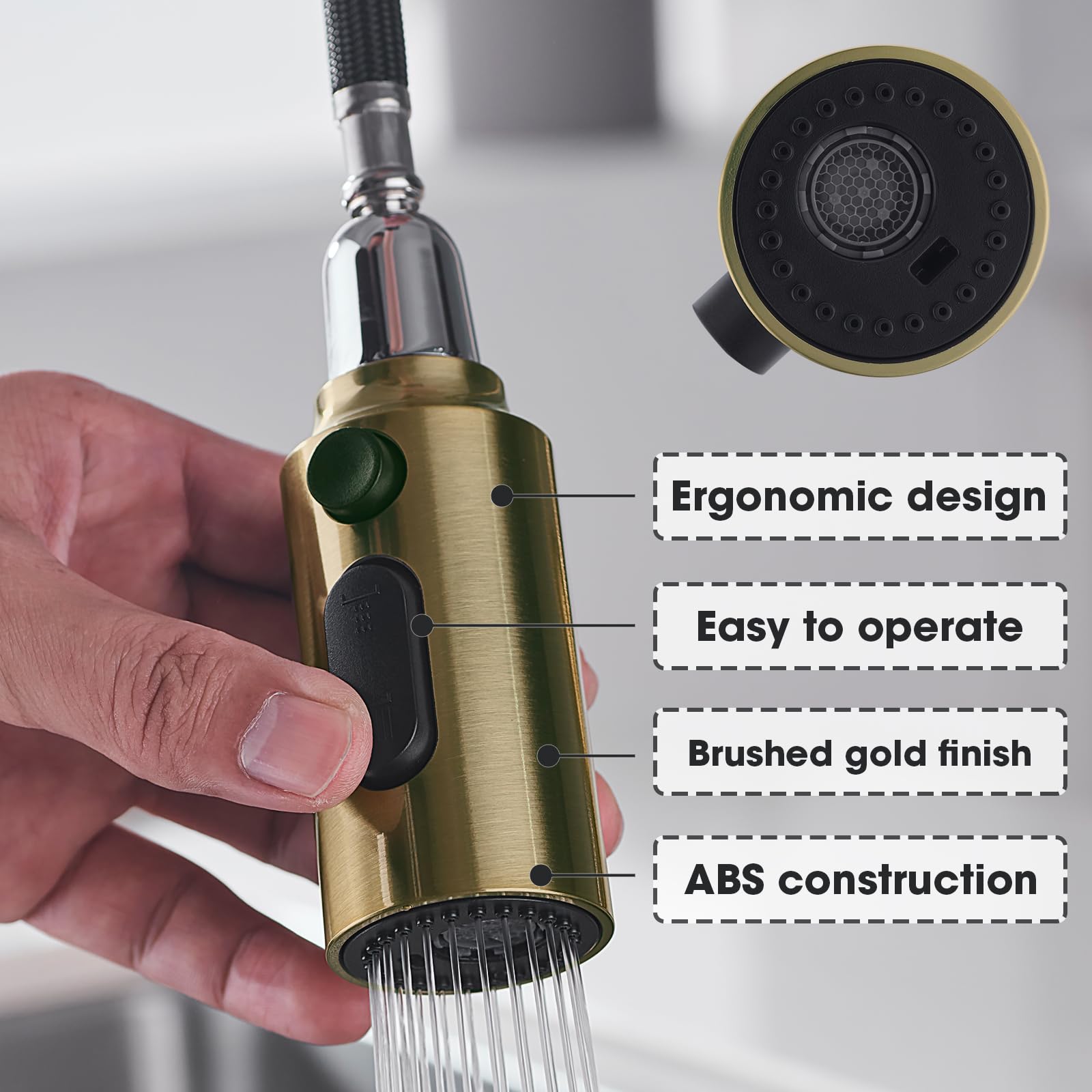**CLOVERMAP Pull Down Kitchen Faucet Sprayer Head Replacement - 3 Function Spray Nozzle with 9 Adapters, Brushed Gold - Perfect for Sink Cleaning, Dishwashing & Food Prep**