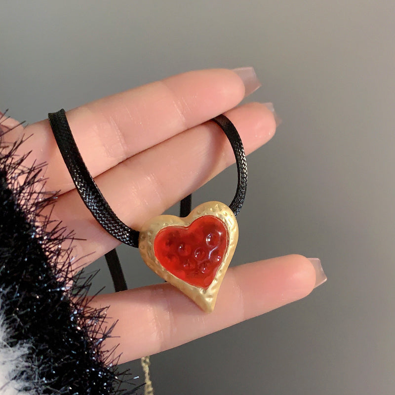 Vintage Red Heart Pendant Suede Choker Necklace for Women | HN2523 | Valentine's Day Gift, Romantic Date Jewelry, 90s Retro Accessory