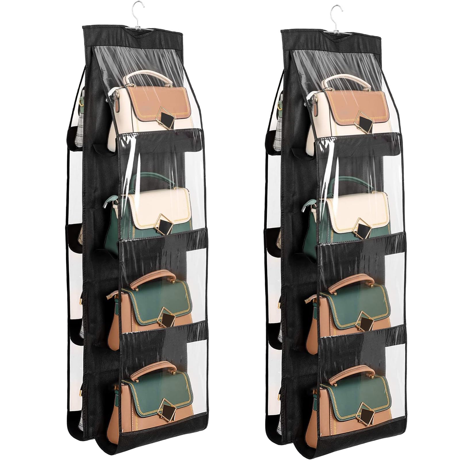 2-Pack Large 8-Pocket Handbag Organizer for Women - Dustproof Washable Purse Insert for Closet & Wardrobe Organization (Black) | Perfect for Travel, Work & Daily Purse Storage