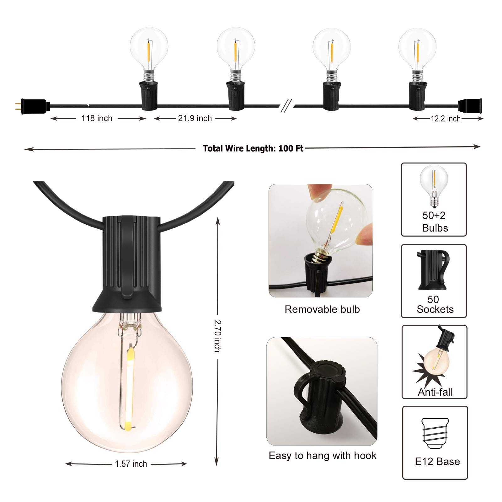 DAMAING 100FT Outdoor String Lights with 52 Dimmable G40 Shatterproof LED Bulbs - Waterproof Connectable Patio Lights for Backyard, Garden, Wedding & Party Decor - 2700K Warm White Glow