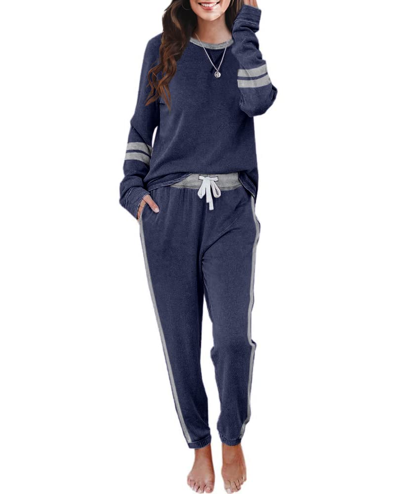 Imesrun Women's Two Piece Lounge Set - Striped Long Sleeve Oversized Sweatshirt & Drawstring Sweatpants Comfy Outfit | Perfect for Home, Yoga, Travel & Casual Wear