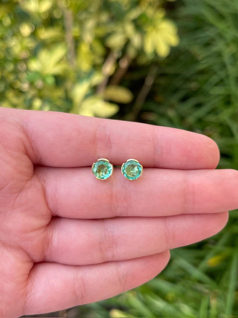 2.0tcw 14K Gold Semi Bezel Colombian Emerald Round Stud Earrings for Women – Elegant Jewelry Gift for Birthday, Anniversary & Special Occasions
