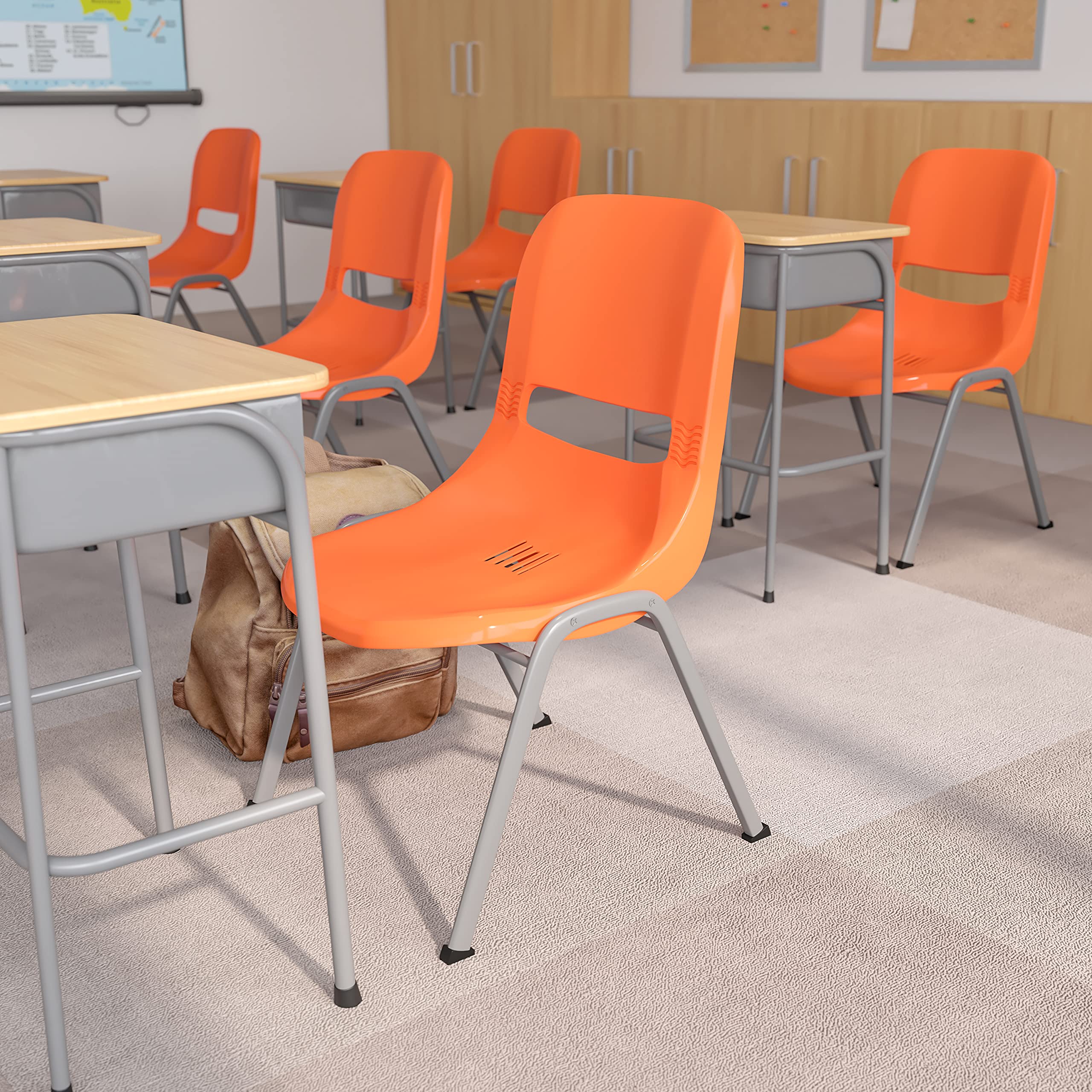 Emma & Oliver Orange Ergonomic Shell Stackable Chair - Comfortable Student Chair for Classroom, Office Guest Chair - Perfect for Schools, Libraries, and Waiting Areas