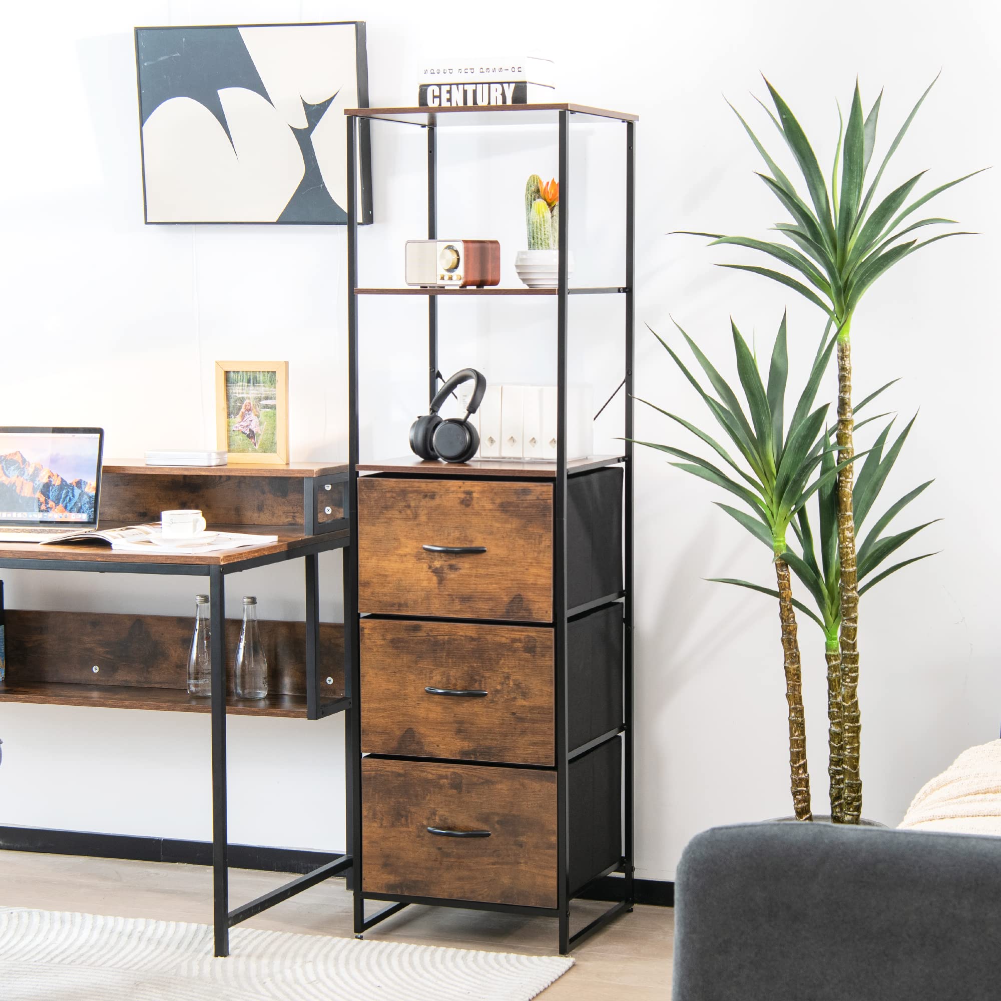 LOKO Tall Floor Storage Cabinet - Industrial Skinny Cabinet with 3 Fabric Drawers, Rustic Narrow Storage Organizer with Adjustable Footpads (17x15x61.5 Inches) - Perfect for Bedroom, Living Room & Office Organization