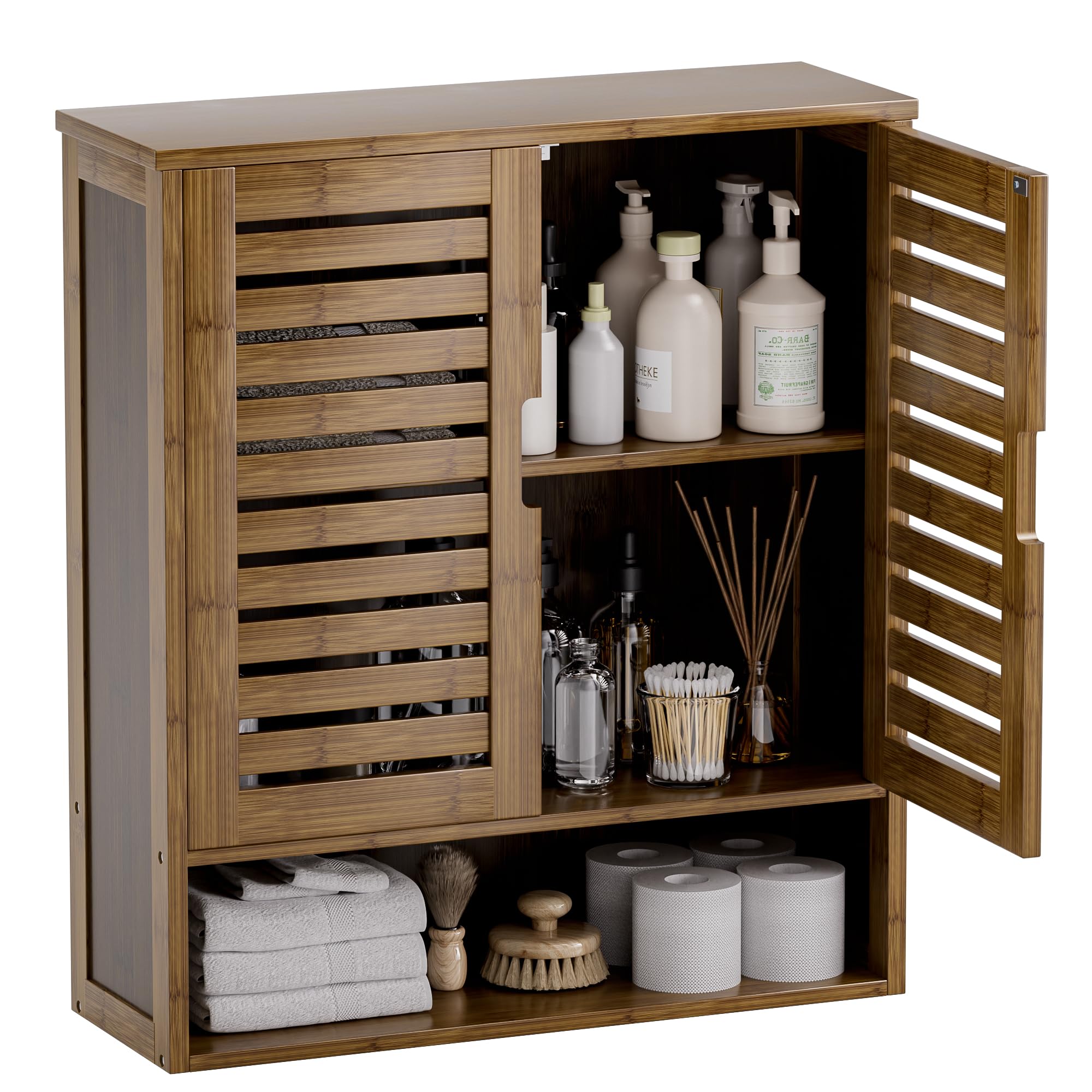 SMIBUY Wall Mounted Bamboo Bathroom Cabinet - Over The Toilet Storage Organizer with 2 Doors & Adjustable Shelves - Space Saving Medicine Cabinet for Bathroom Organization (Walnut) - Perfect for Small Bathrooms, Apartments and RV Living