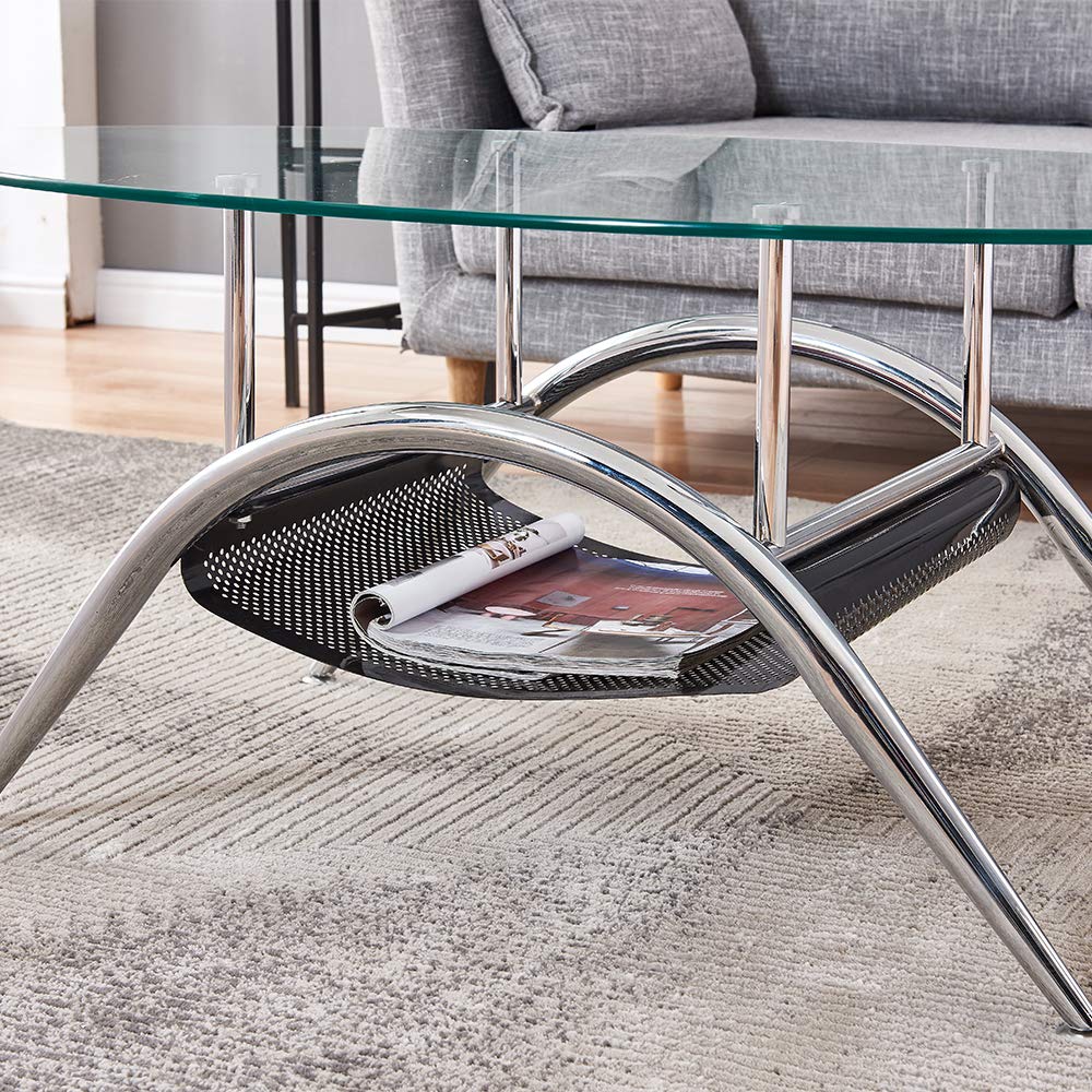 Modern Oval Coffee Table with Tempered Glass Top - Round Oval Center Table for Living Room, Bedroom & Lounge - Perfect for Sofa Side, Cocktail Parties & Home Decor