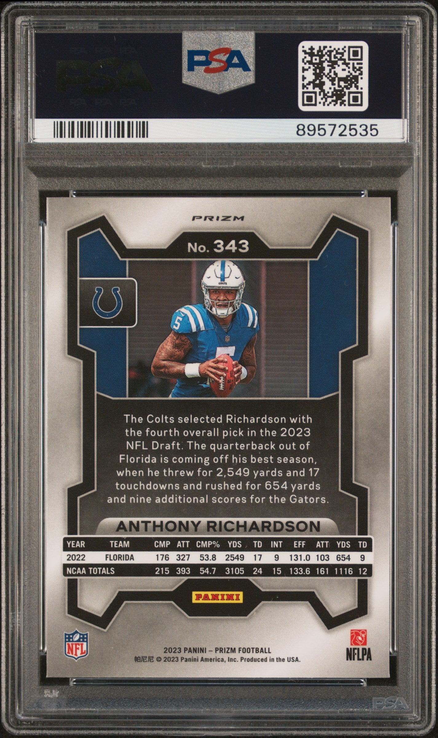 2023 Panini Prizm Anthony Richardson Black & White Checker Rookie Card #343 PSA 10 Gem Mint - Perfect for NFL Collectors, Sports Memorabilia Enthusiasts & Investment-grade Trading Cards