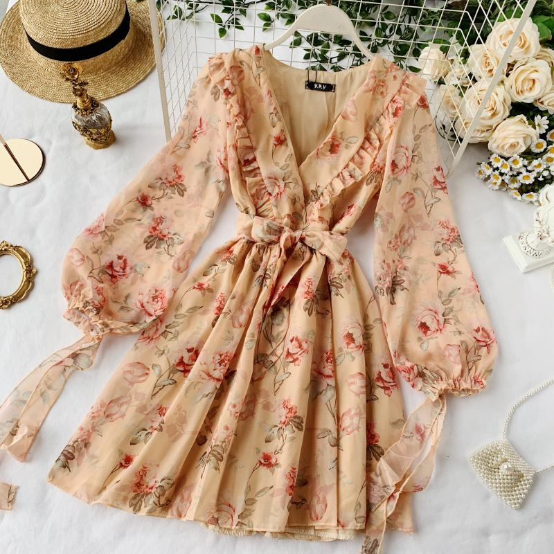 French Elegant Puff Sleeve V-Neck Floral Print Dress 1156 - Perfect for Weddings, Parties & Summer Vacations