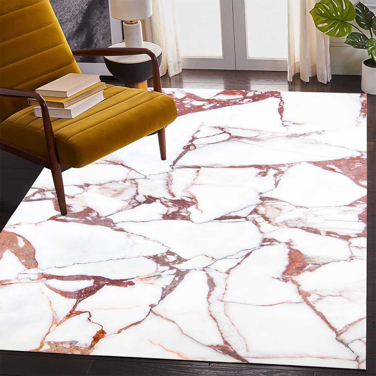 Modern Marble Rust Red & Cream Bohemian Area Rug - Ultra Thick 6x8 Washable Floor Rug for Living Room, Bedroom, Nursery, Home Office | Luxury Accent Rug for Kitchen, Table & Deck Decor