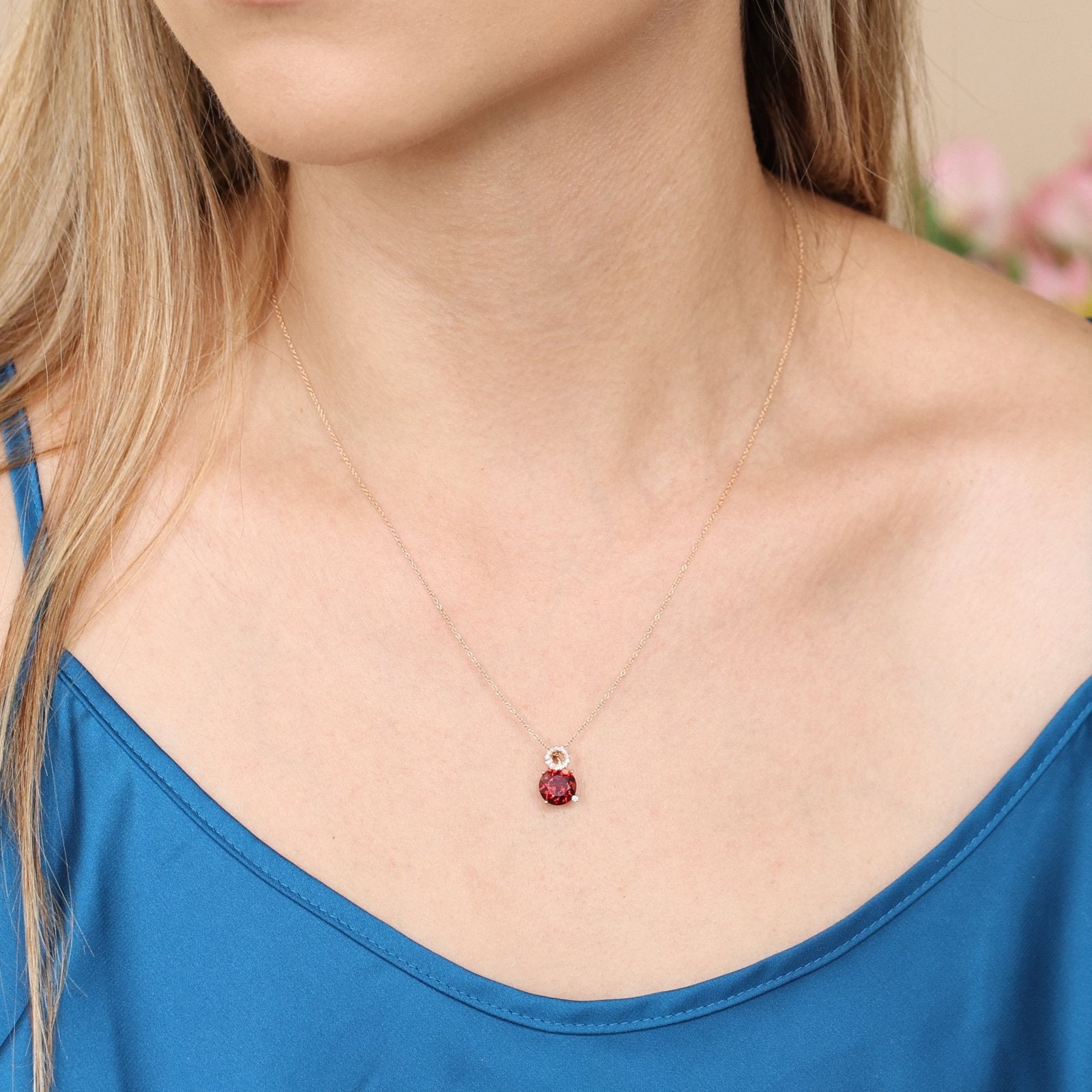 14k Rose Gold Stacked Diamond and Garnet Solitaire Pendant Necklace for Women - Elegant Gift for Anniversary, Valentine's Day & Special Occasions