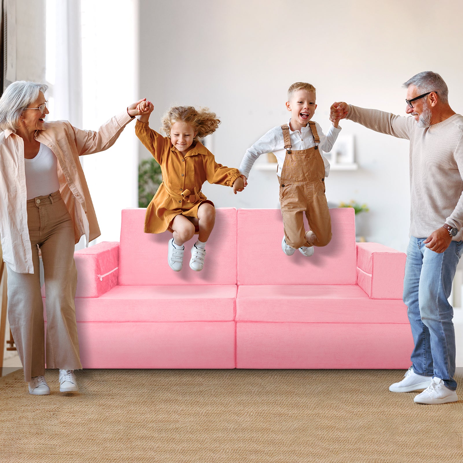 MAXYOYO 10-Piece Modular Convertible Kids Play Couch Sofa Set with Removable Soft Velvet Covers - Pink | Playroom Furniture for Toddlers & Children | Perfect for Playtime, Reading Nook & Sleepovers