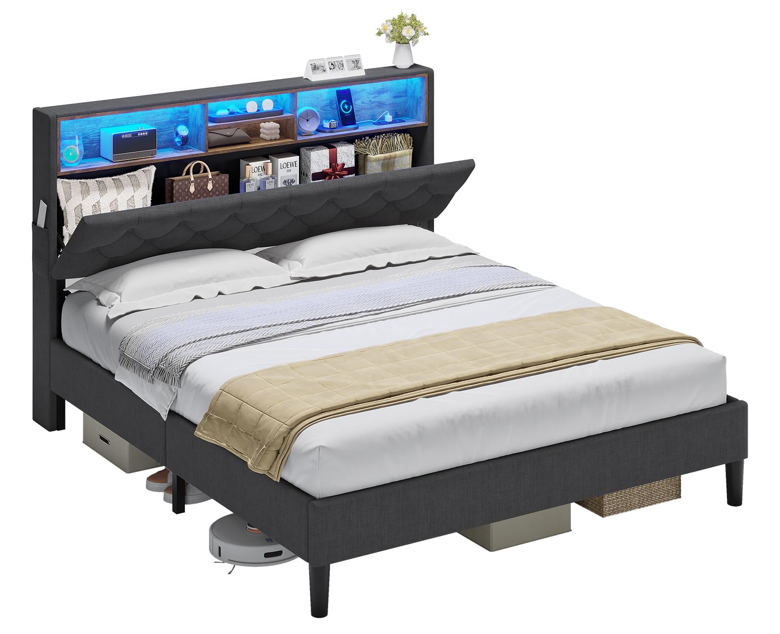 ADORNEVE Queen Size Bed Frame with LED Lights Headboard - Modern Platform Bed with Storage Shelves & USB Charging Station, Easy Assembly, Dark Grey - Perfect for Small Bedrooms, Guest Rooms & Dorm Rooms