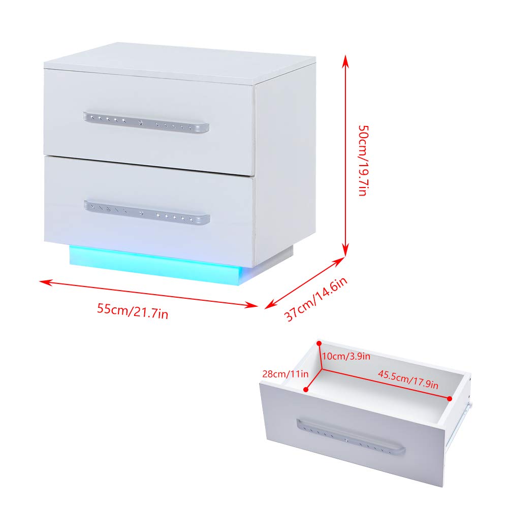 White Glossy Nightstand with 2 Drawers & LED Lights - Bedroom Side Table for Small Spaces