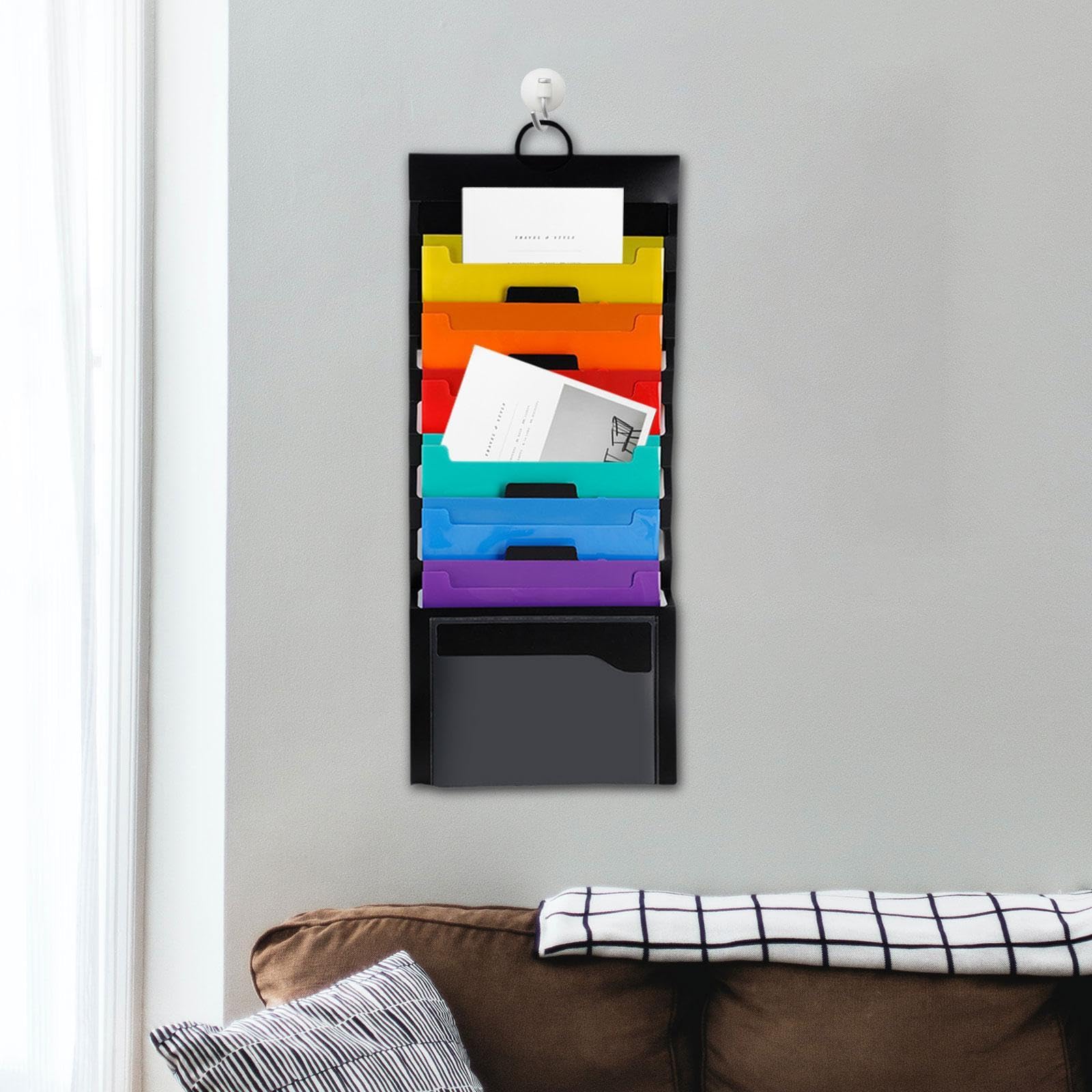 Kokiya 6-Pocket Hanging Wall File Organizer - Expandable Document Holder for Home & Office - Sturdy Wall Mount Paper Folder for Bills, Receipts, Letters (Ideal for Home Office Organization & Work Efficiency)