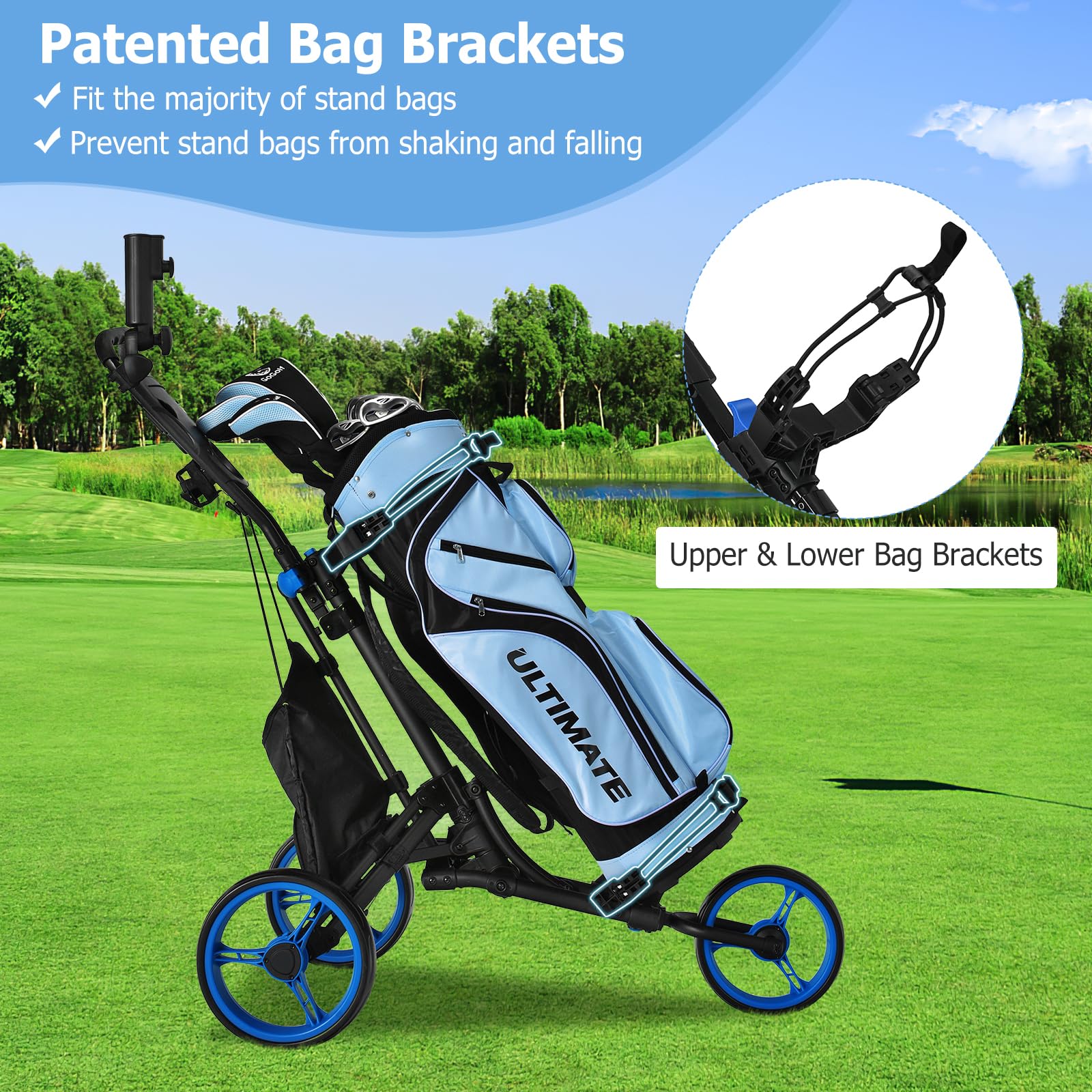 3 Wheel Folding Golf Push Cart - Lightweight Collapsible Golf Club Caddy with Foot Brake & Umbrella Holder - Adjustable 4-Position Handle (Blue) | Perfect for Golf Course, Driving Range & Outdoor Practice