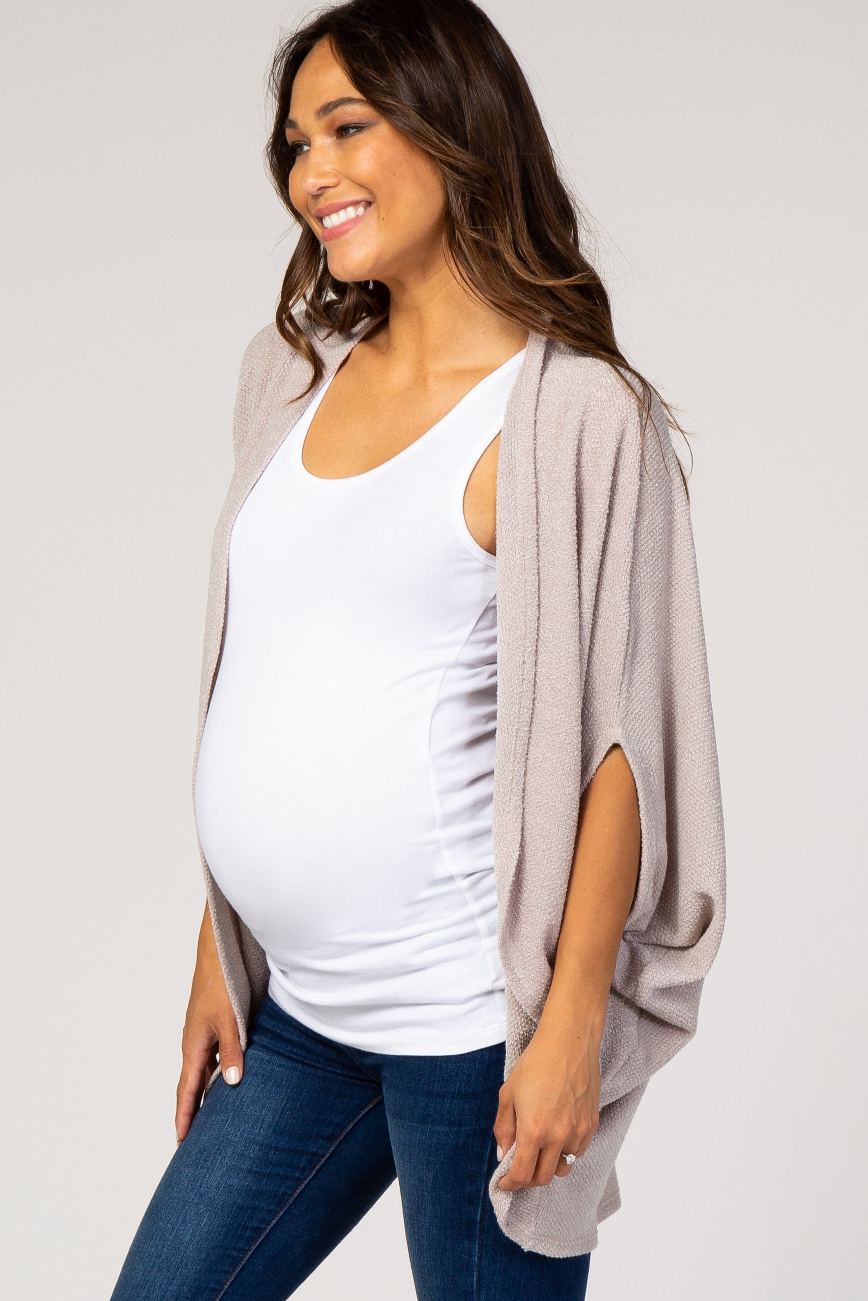 Beige Ribbed Maternity Cardigan for Women - Soft & Stretchy Pregnancy Sweater for Nursing & Everyday Comfort | Perfect for Work, Casual Outfits & Maternity Photos