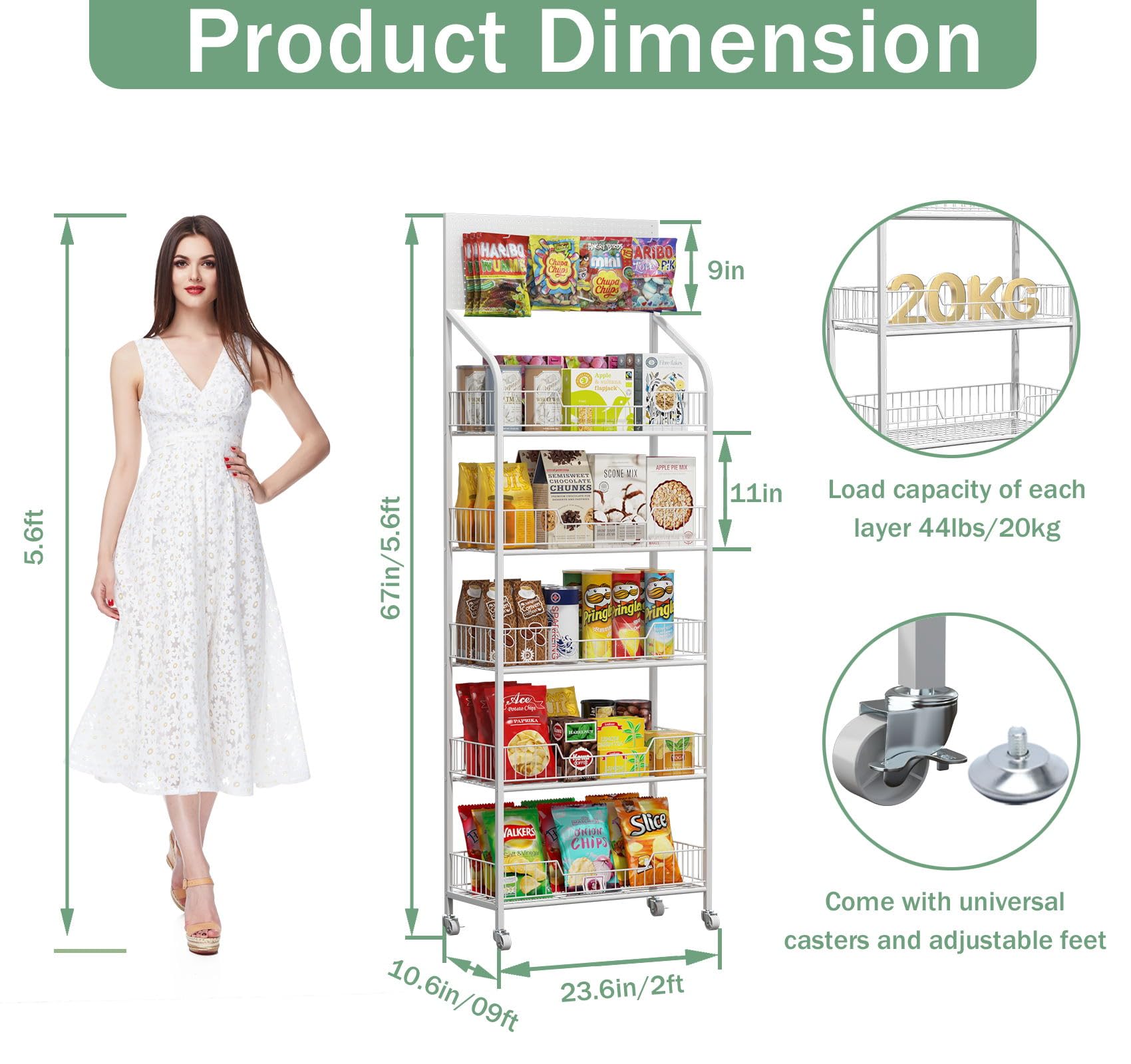 5-Tier Metal Wire Snack Display Stand with Wheels & Hooks - Heavy Duty Candy, Potato Chip & Concession Organizer Rack - Perfect for Retail Stores, Supermarkets & Convenience Stores