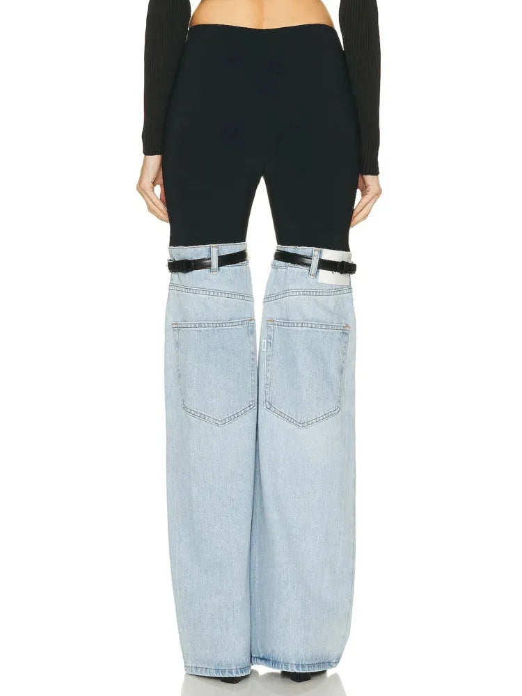 DEAT Fashion Women's High Waist Straight Leg Jeans with PU Leather Patchwork & Buckle Details - Trendy Streetwear Denim Pants for Spring 2023 | Perfect for Casual Outings, Parties and Everyday Wear