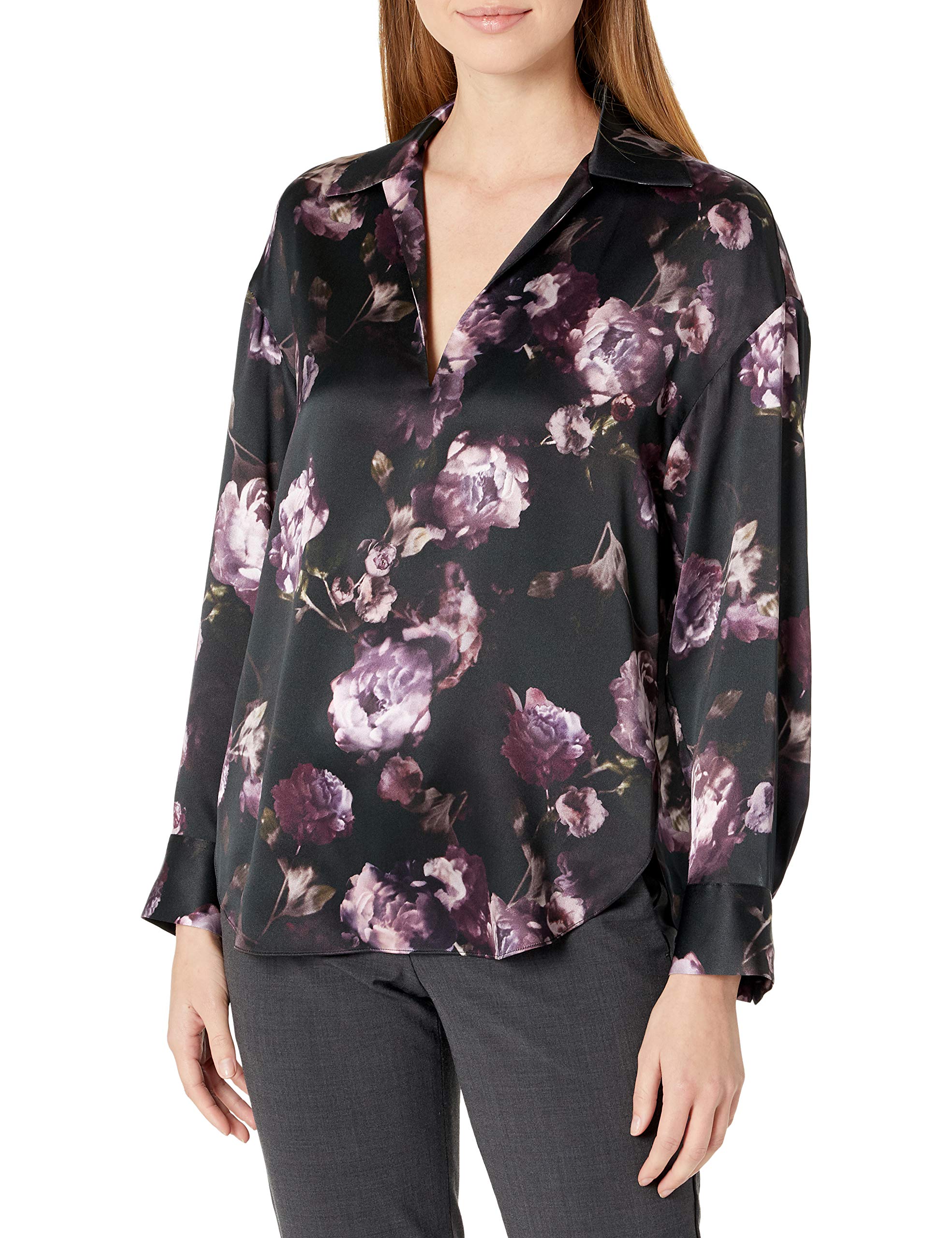 Vince Women's Night Garden Lapel Collar Popover Blouse - Elegant Floral Print Button-Down Shirt for Work & Evening Outfits