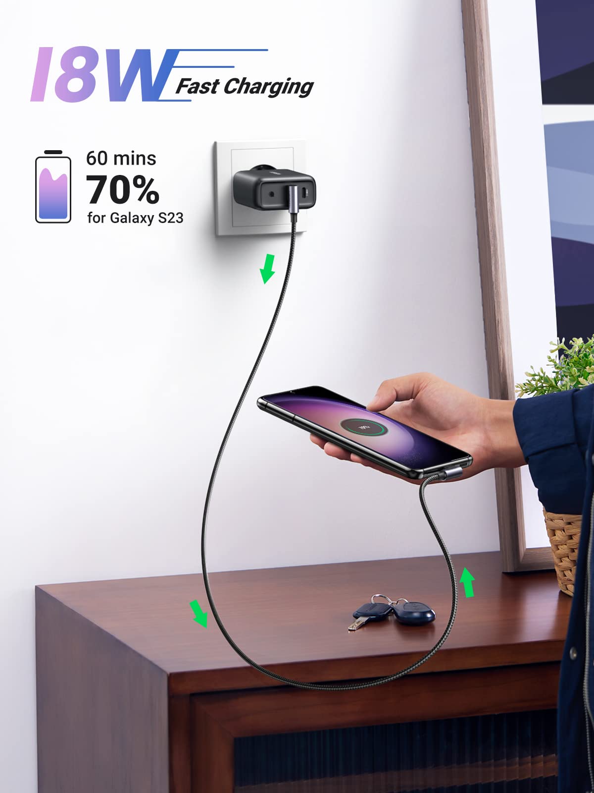 UGREEN 90 Degree Right Angle USB to USB C Cable 3A Fast Charging Cord - Compatible with iPhone 16/15 Pro Max, Galaxy S24/S23 Ultra, Pixel 7/6, Redmi Note 11, Huawei P60/P50 Pro (0.5M) - Perfect for Bedside Charging & Car Use