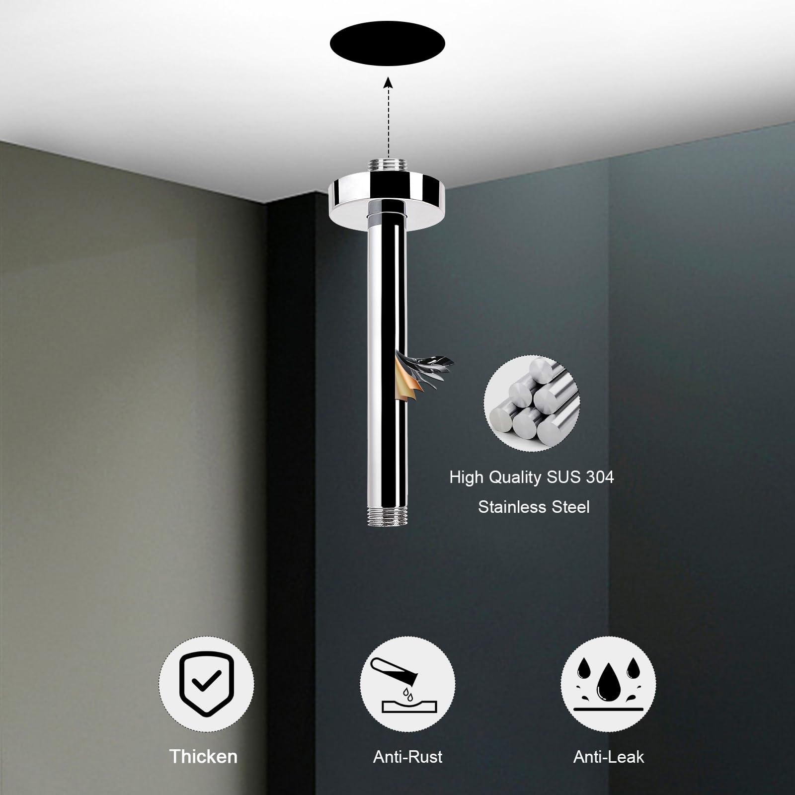HarJue 6 Inch Chrome Ceiling Mounted Shower Arm - Stainless Steel Rain Shower Extension with Flange & Teflon Tape - Perfect for Fixed Shower Heads in Modern Bathrooms & Spa-Like Showers
