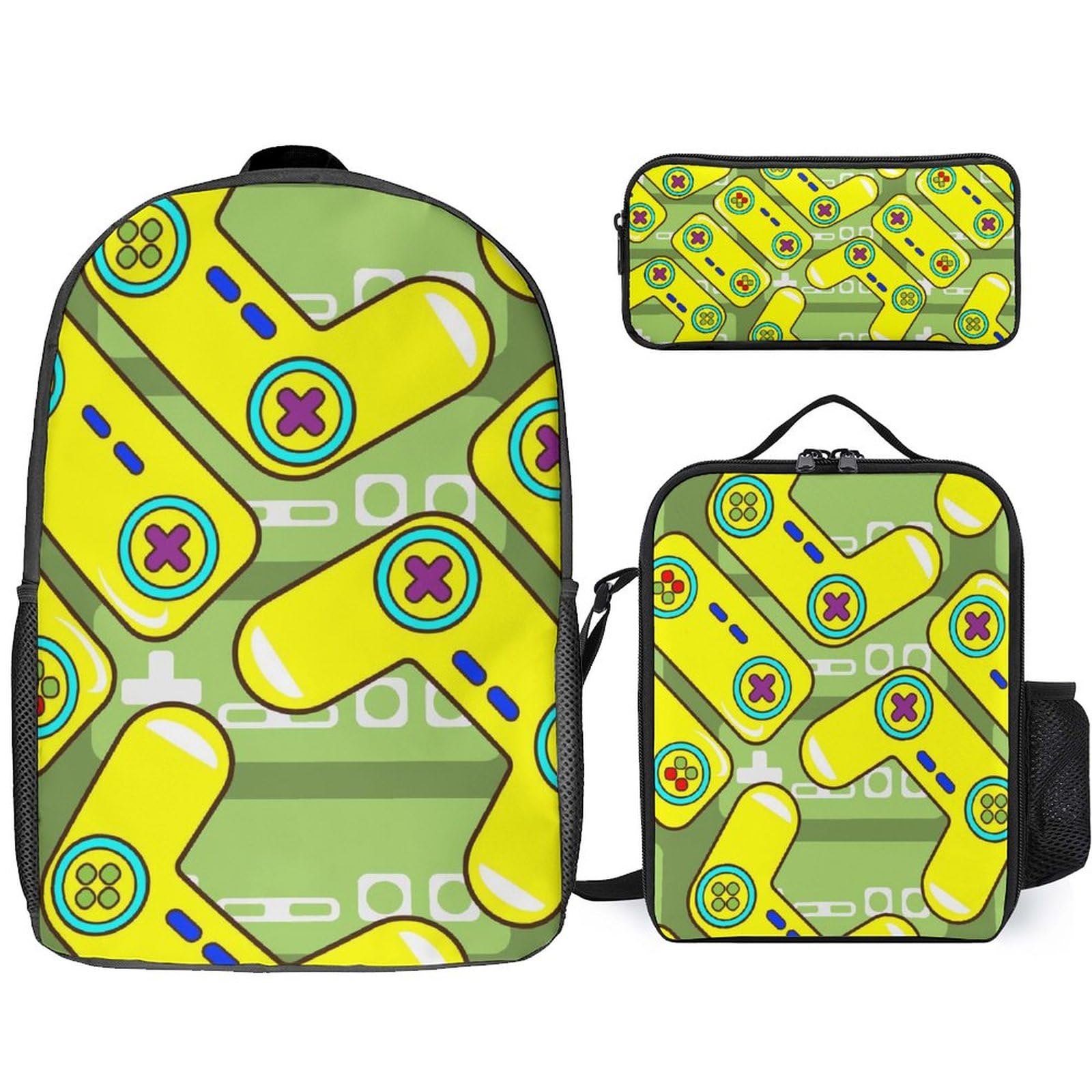 NAWFIVE Yellow Gamepads Backpack with Lunch Bag & Pencil Case 3-Piece Set - Lightweight Joystick Design Casual Daypack for Men & Women - Perfect for Work, School, Travel & Gaming Accessories Storage
