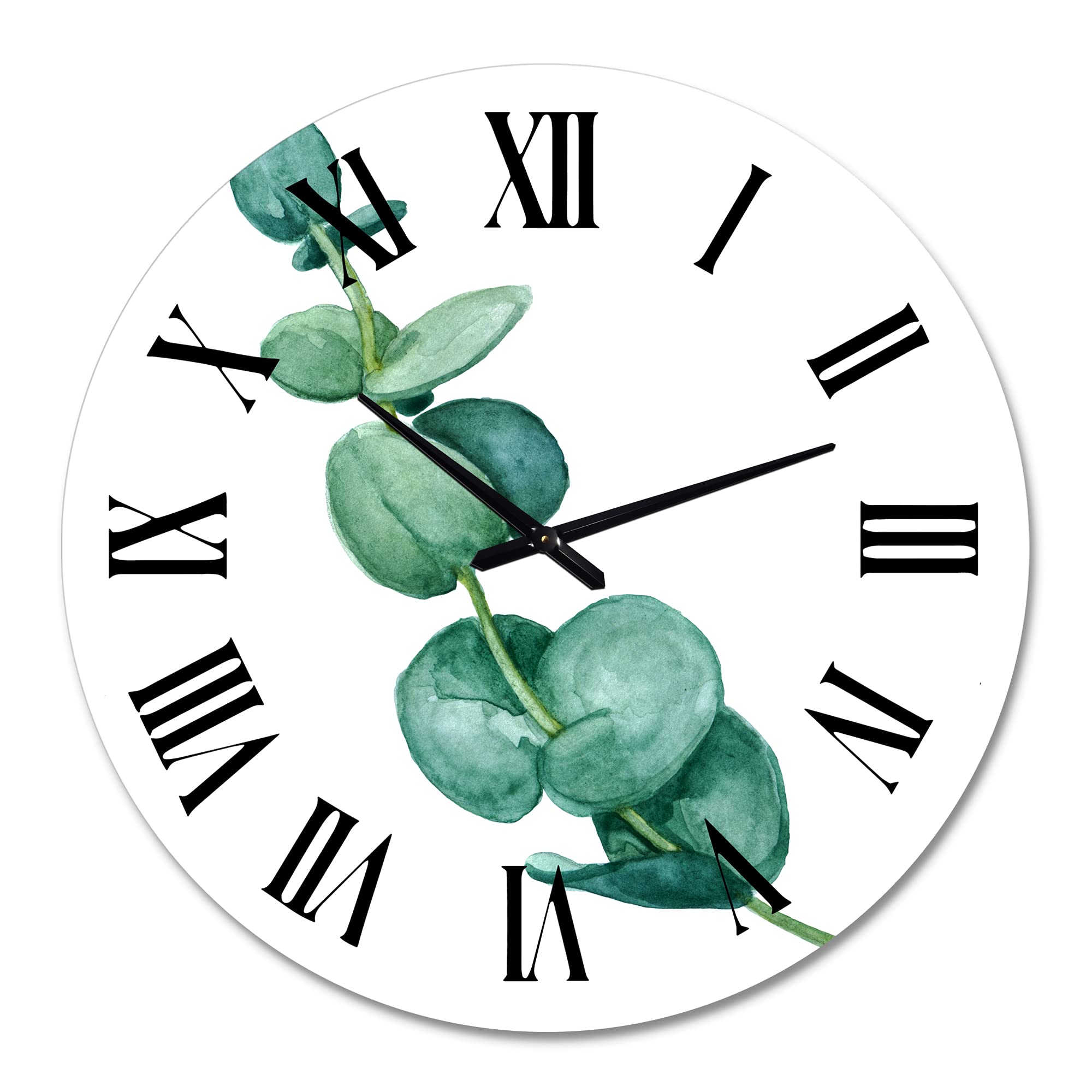 DesignQ Traditional Wall Clock - Young Eucalyptus Leaves and Branches II Floral Botanical Large Wall Decor for Living Room, Bedroom, Office | Perfect Home Decoration Gift