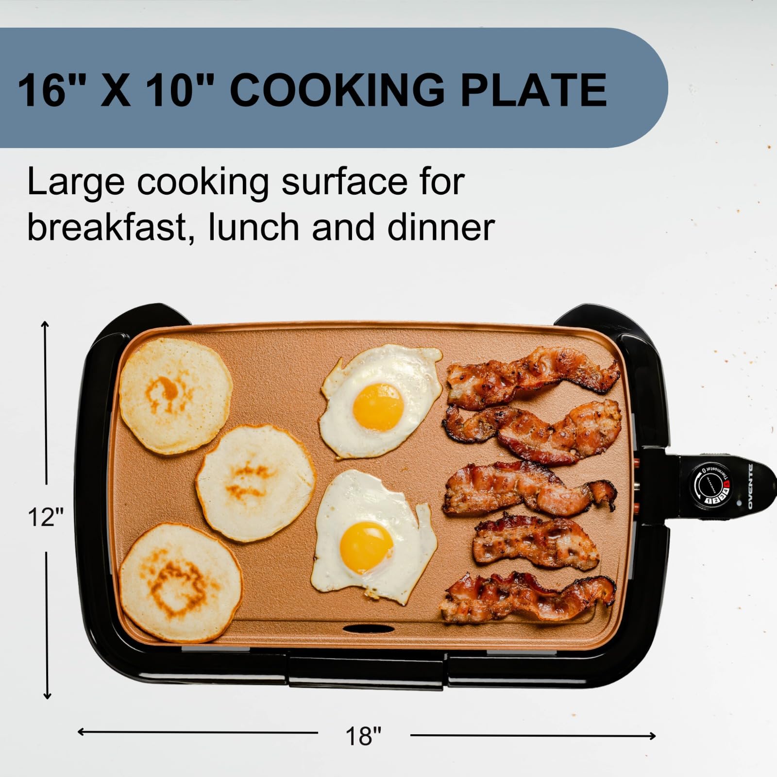 OVENTE Electric Griddle 16 x 10 Inch Non-Stick Surface, Adjustable Temperature Control - Perfect for Pancakes, Burgers, Eggs & More | Indoor Cooking, Breakfast Making, Family Gatherings & Camping Use