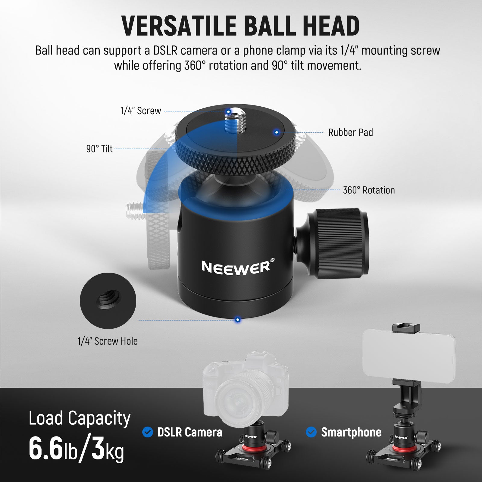 NEEWER SD001 Professional Camera Slider Dolly with 360° Ball Head & Universal Phone Clamp - Perfect for Time-Lapse Photography, Vlogging, and Smooth Video Shots
