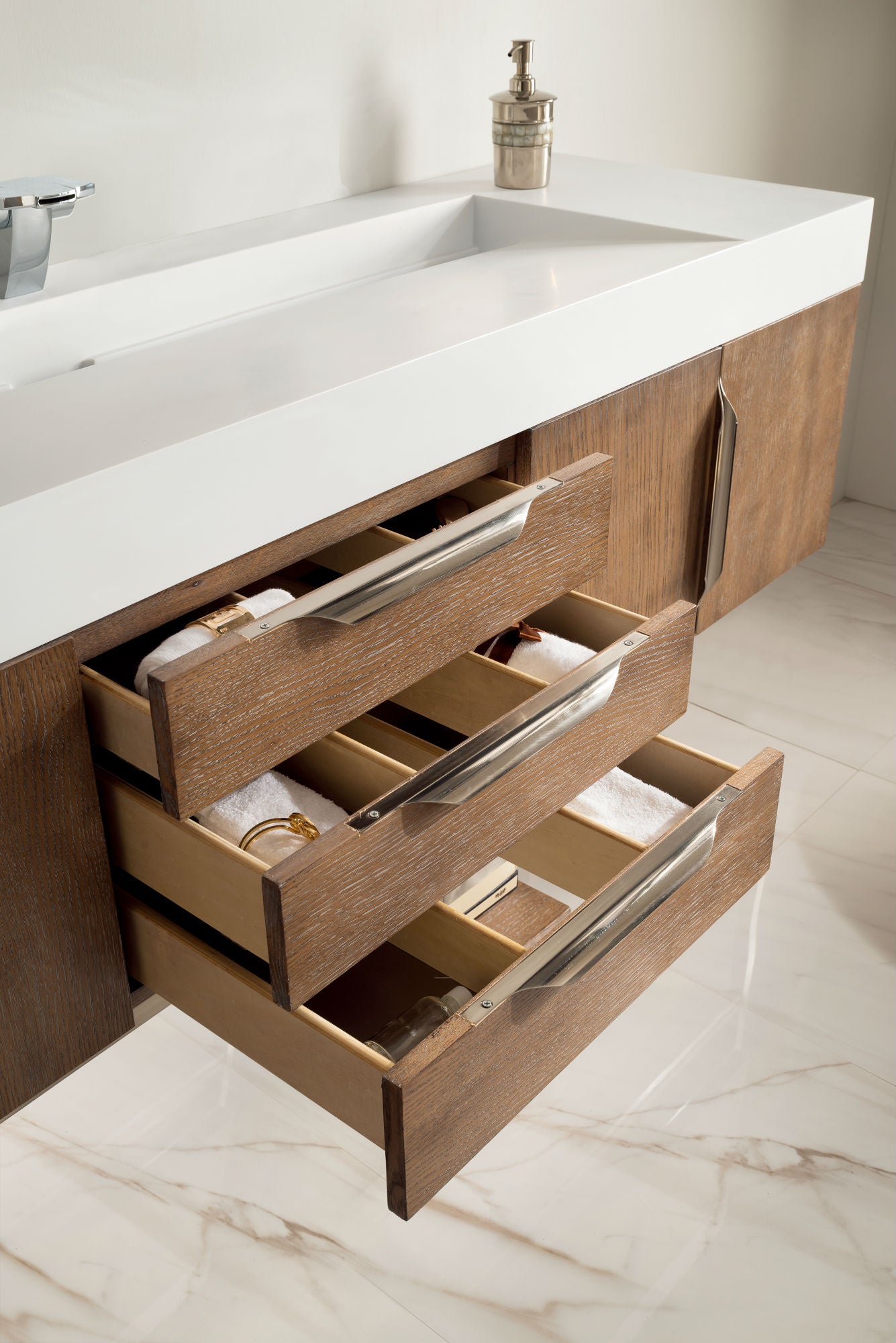 72 Inch Mercer Island Single Bathroom Vanity in Latte Oak with Glossy White Composite Top - Perfect for Modern Master Bathrooms & Powder Rooms