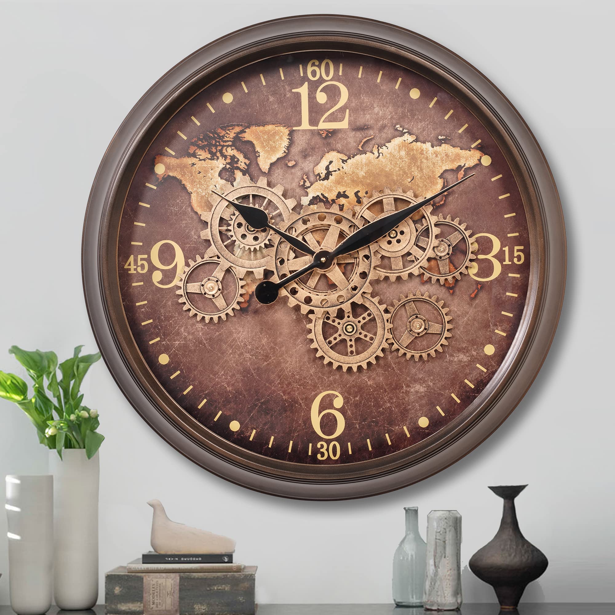 CLXEAST 24 Inch Large Wall Clock with Moving Gears - Industrial World Map Dial Oversized Clock - Oil Rubbed Bronze Brown Vintage Decor for Living Room, Office & Man Cave - Perfect for Home, Office & Industrial Style Spaces